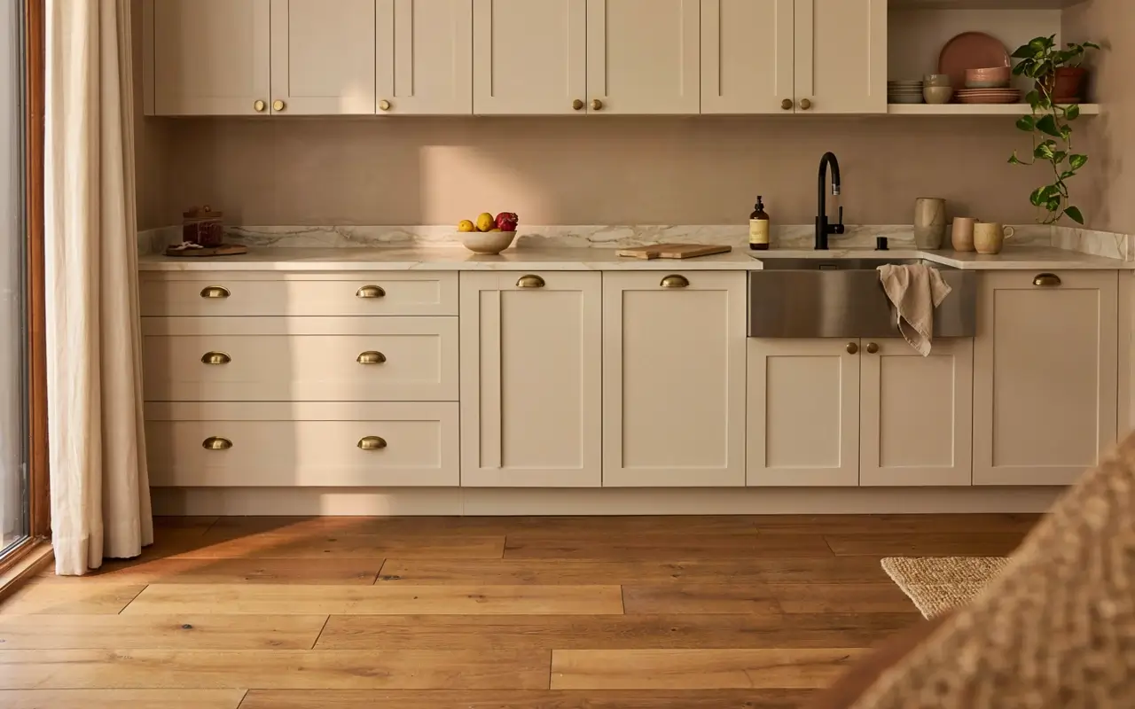 Warm neutral kitchen with beige shaker cabinets, brass pulls, marble backsplash, and wood flooring.