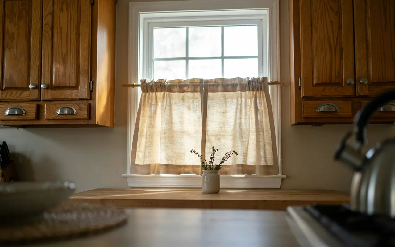 Warm neutral linen café curtains soften a hickory kitchen window with wood cabinets and natural light.