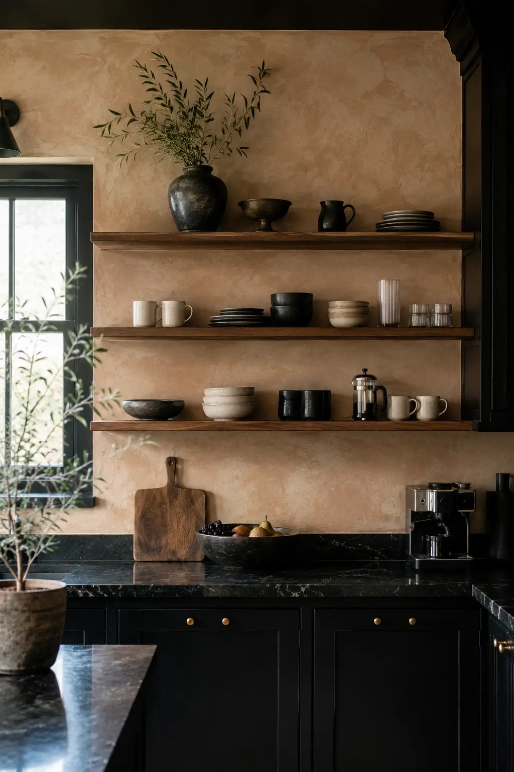 Warm plaster accent wall behind open wood shelves in a monochrome black kitchen with stone counters.