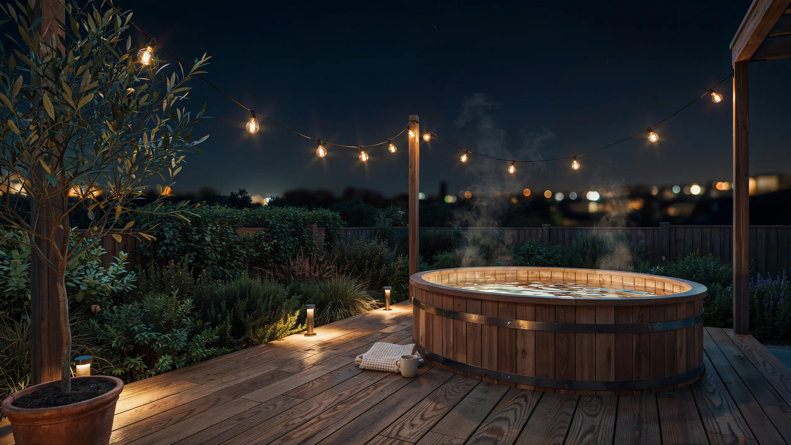 Wooden barrel hot tub steaming at night on a deck with warm string lights, low path lighting, and a potted olive tree.