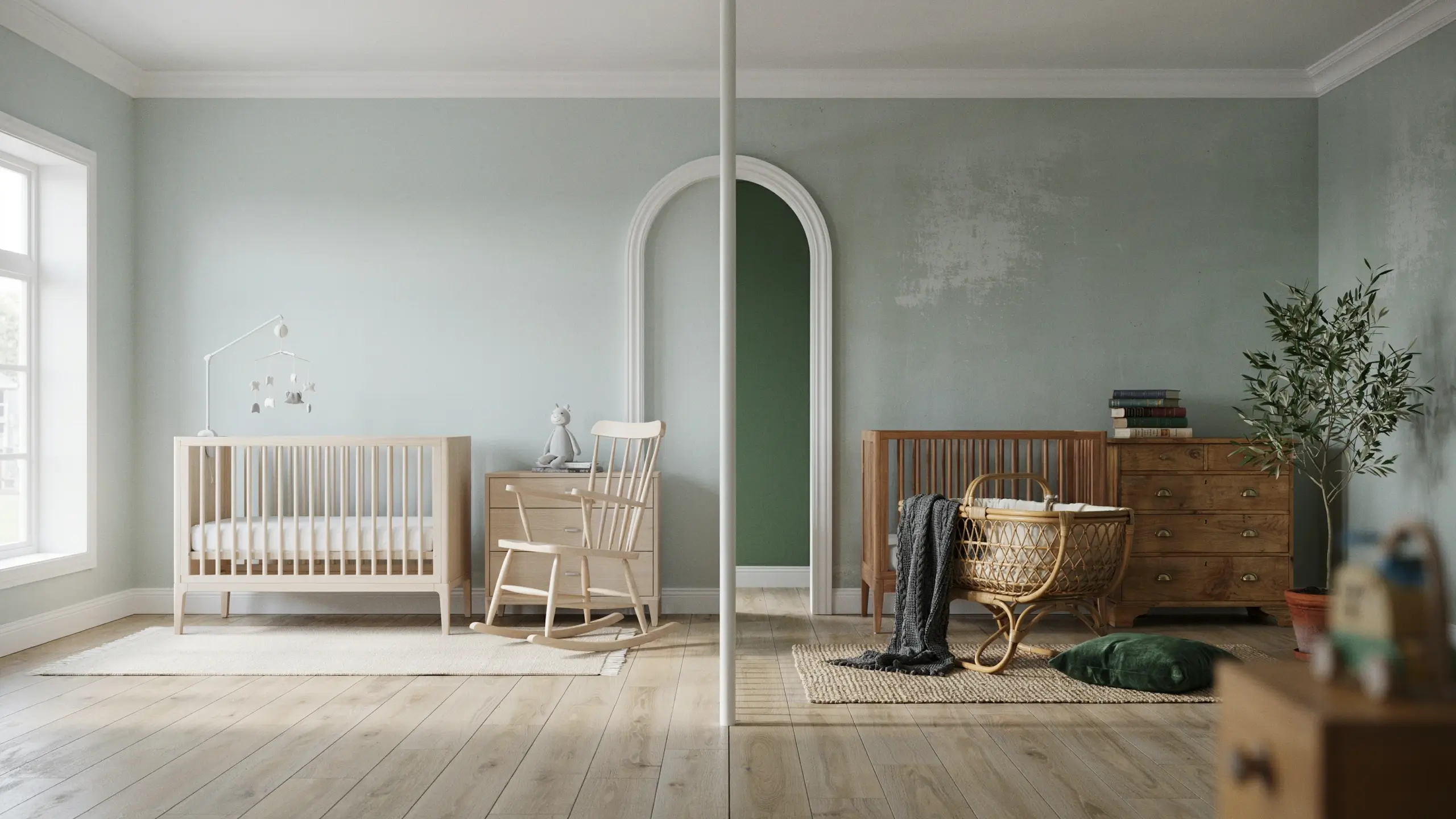Warm textured nursery interior featuring a natural light wood crib, white rocking chair, white arched doorway leading to a sage green accent wall, and a woven wicker bassinet draped with a charcoal grey blanket.