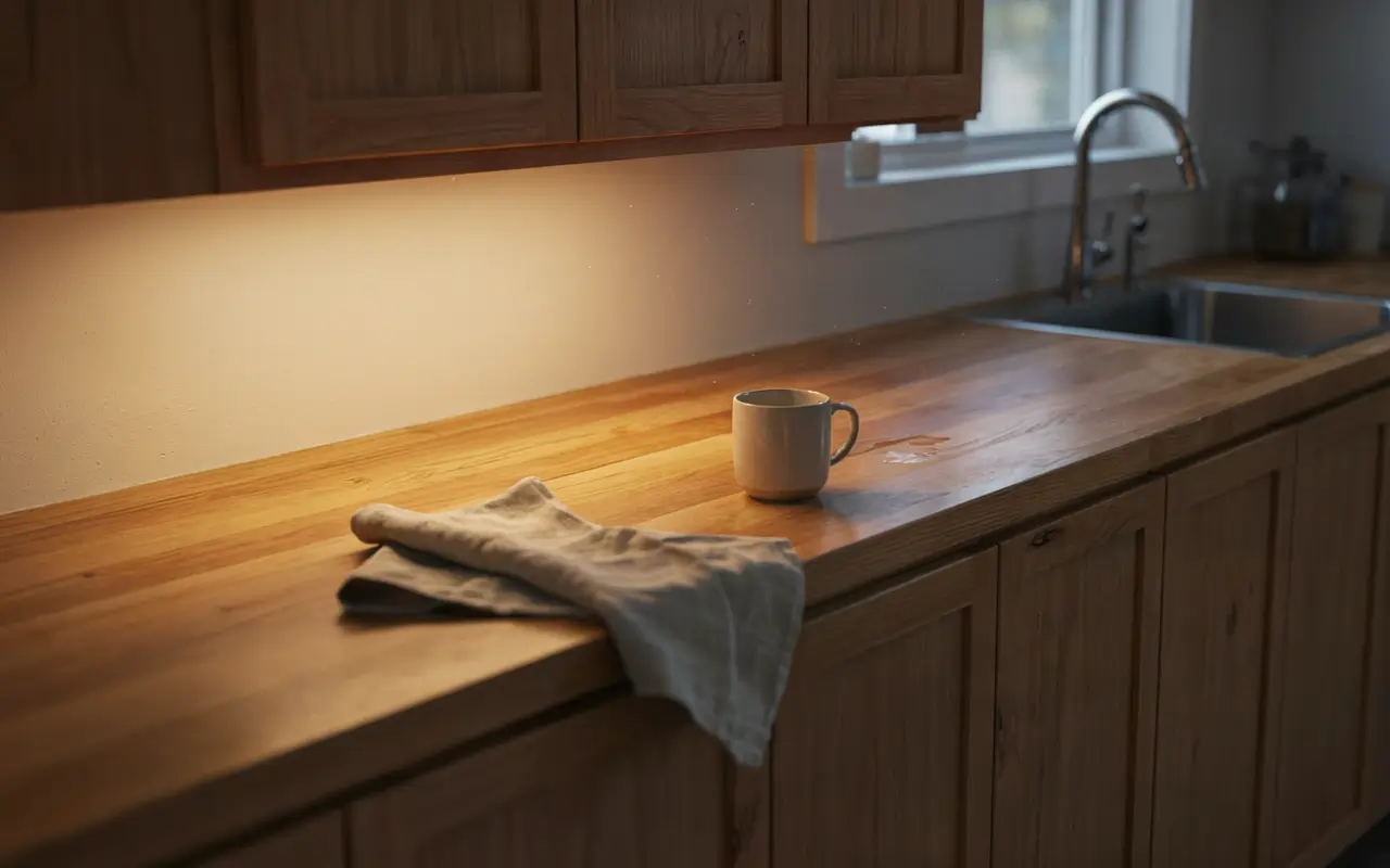 Warm under-cabinet lighting glowing over hickory kitchen cabinets and a wood countertop at night.