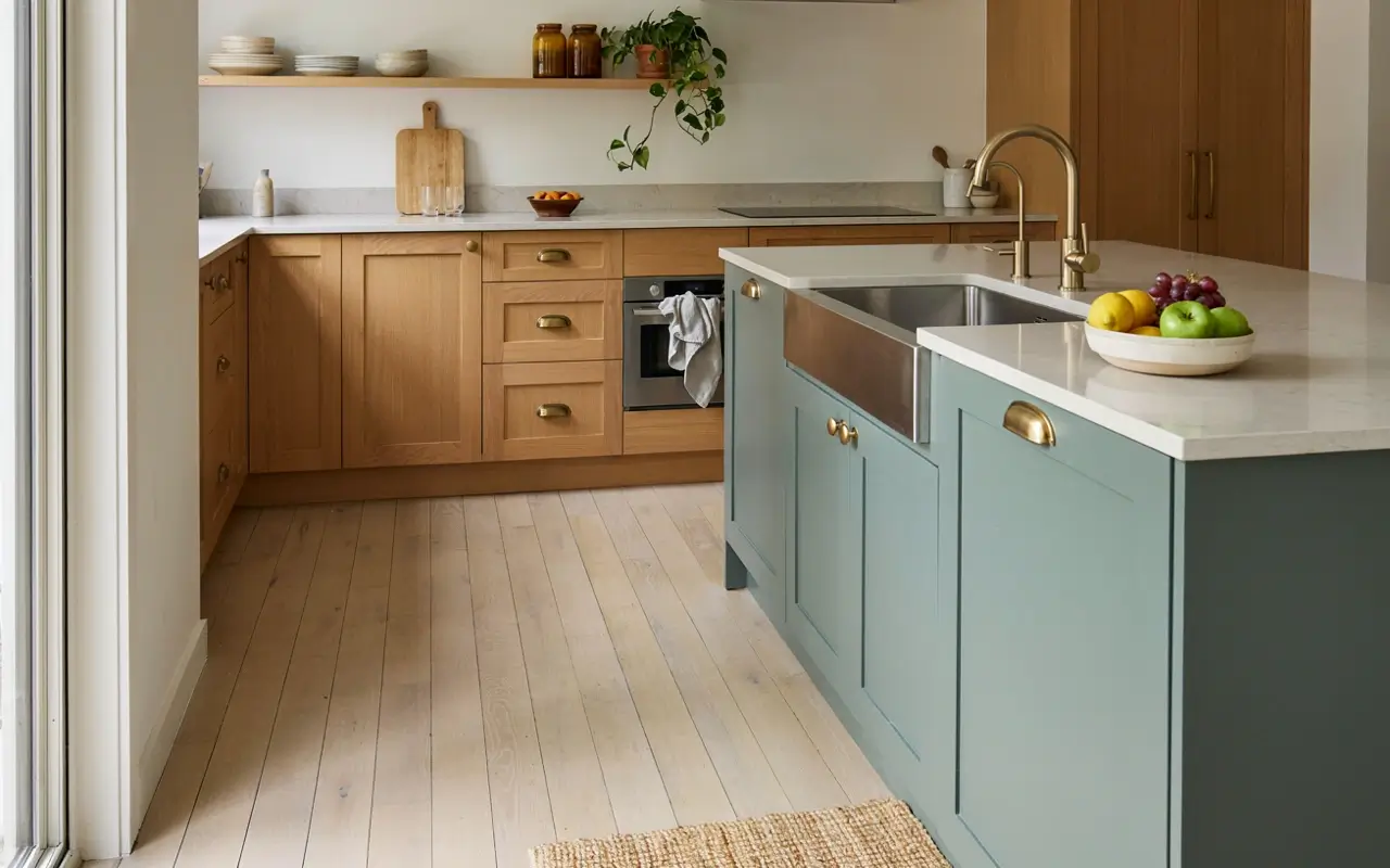 Warm white oak cabinets with a sage green island, brass hardware, white counters, and open shelving.