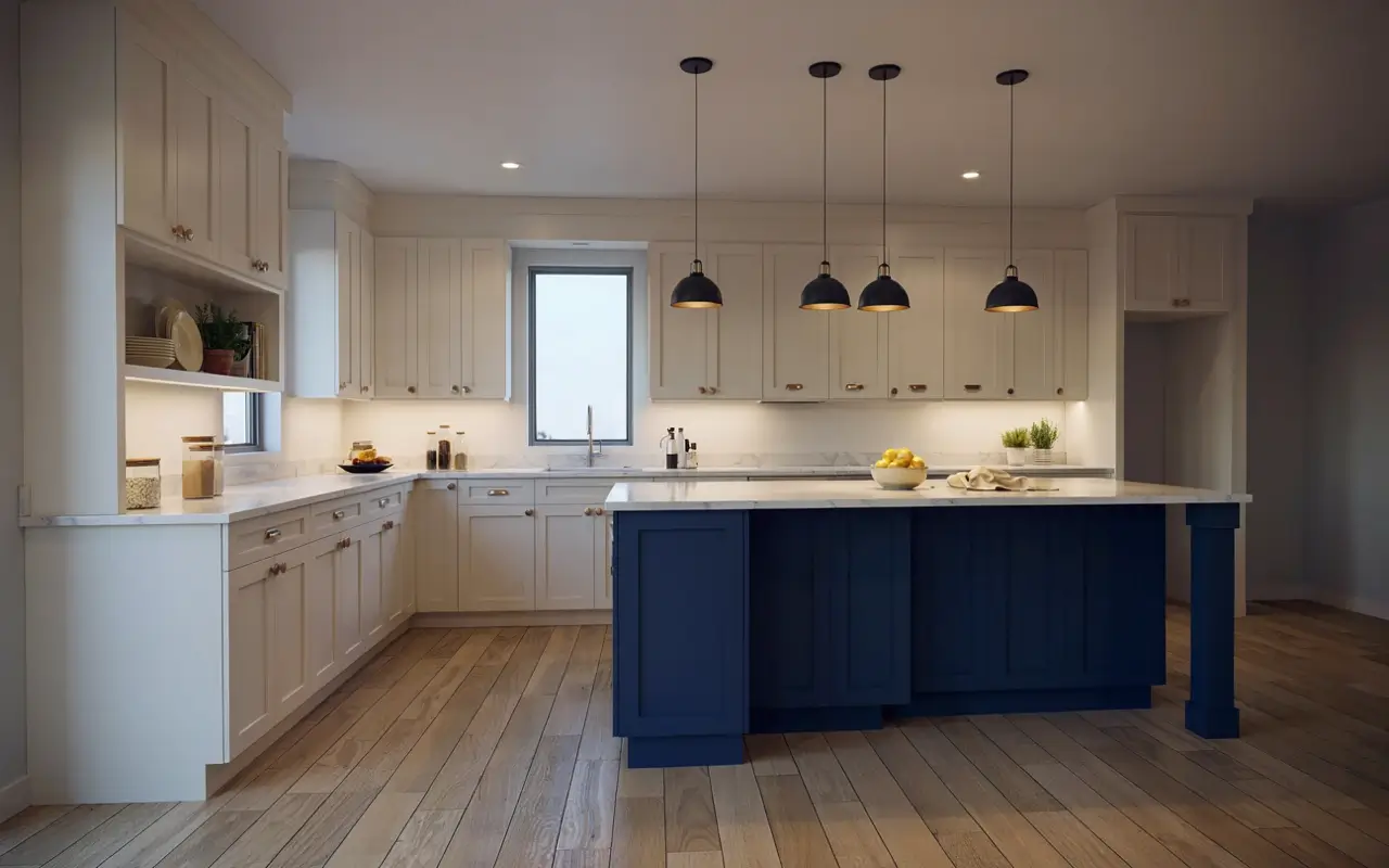 Warm white L-shaped kitchen cabinets with a dark blue island, pendant lights, and wood floors.