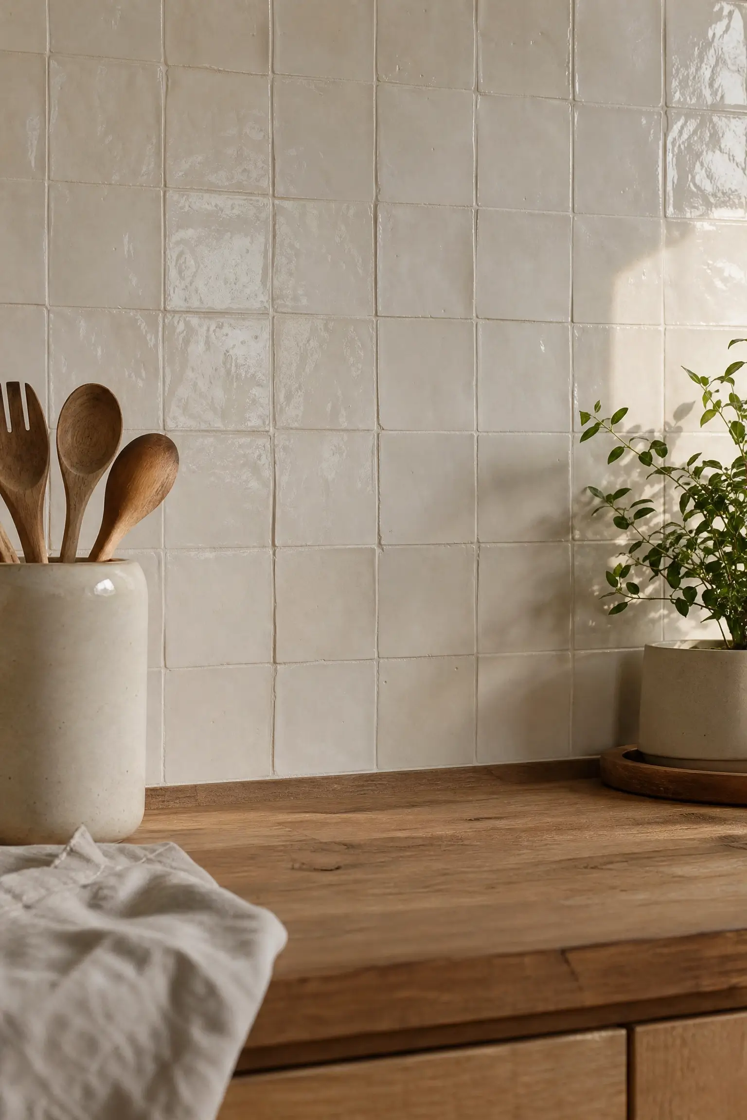 Warm white handmade tile wall with matching grout, wood counter, utensils, and a small potted plant.