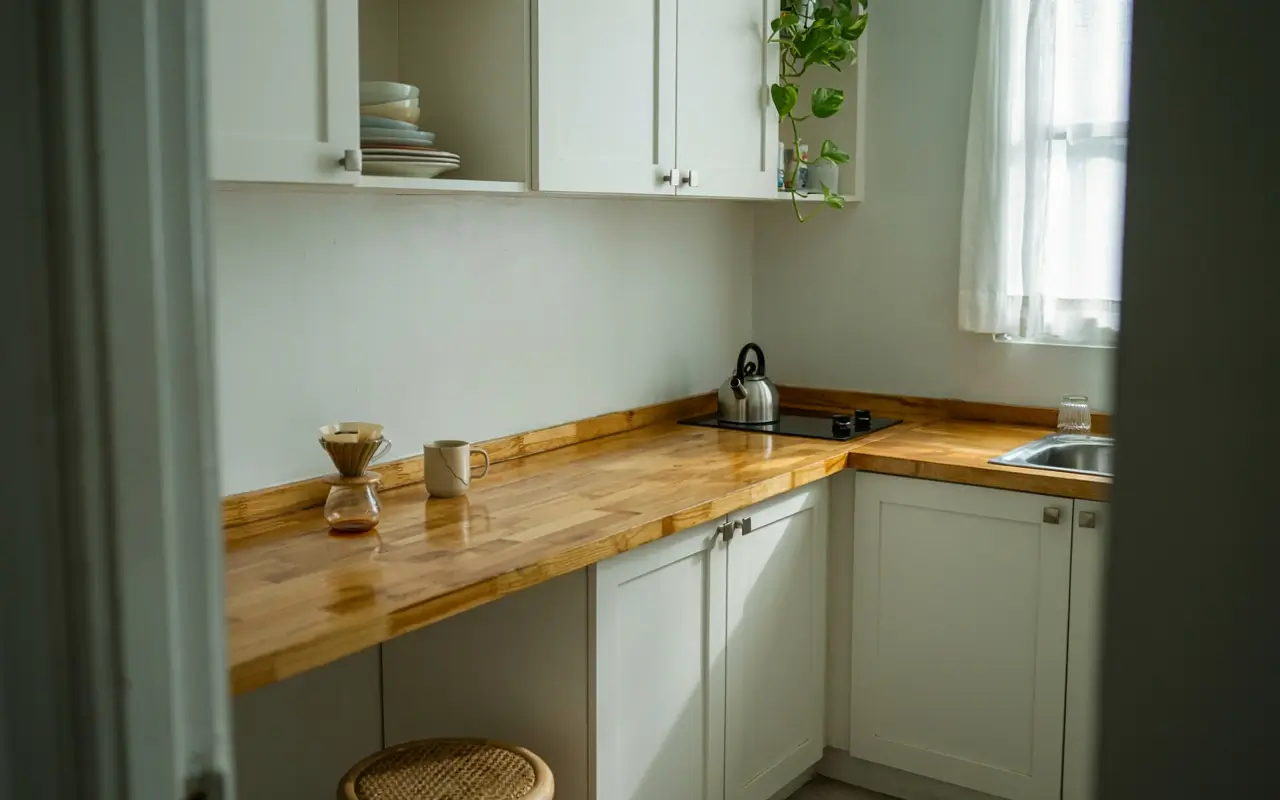 Small kitchen with warm wood-grain contact paper countertops and white cabinets for a butcher-block look.
