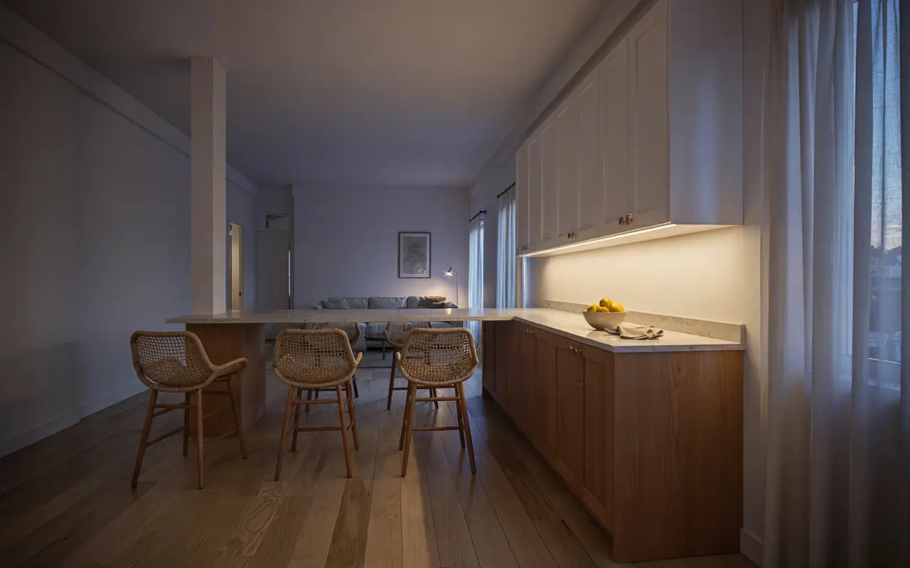 Warm wood kitchen peninsula with woven stools, sheer curtains, and soft under-cabinet lighting.