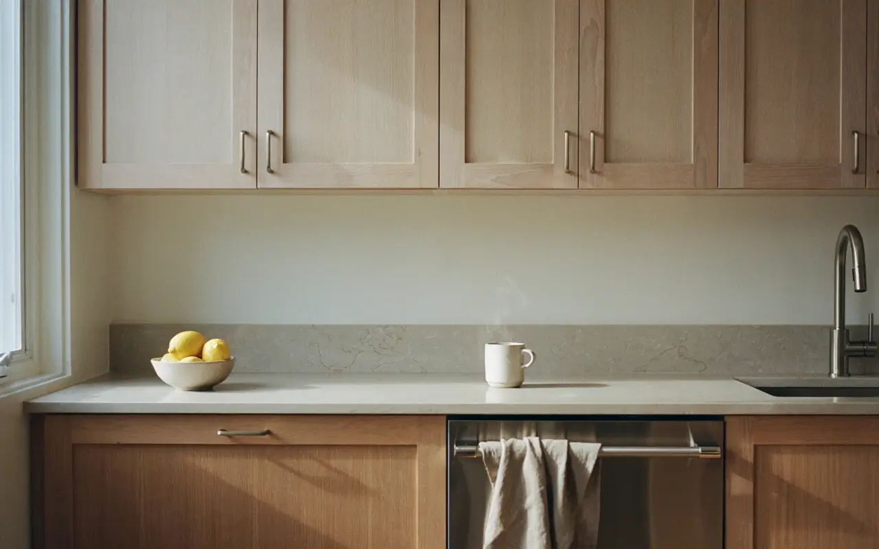 Warm wood lower cabinets with lighter upper cabinets in a layered modern kitchen.