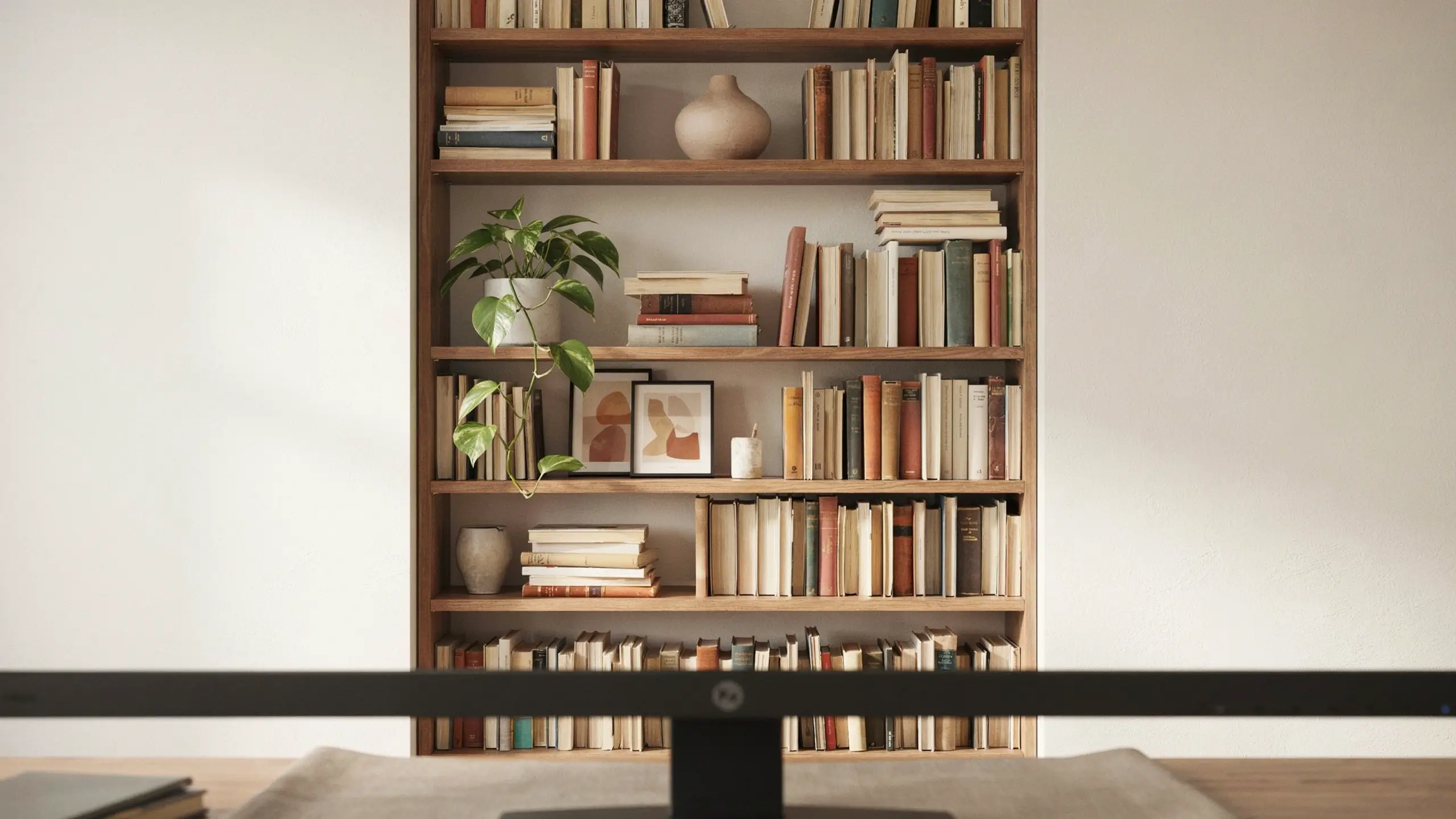 A wooden bookshelf in a home office, styled with books, a trailing pothos plant, and framed art prints, functioning as an aesthetic and professional video call background. 