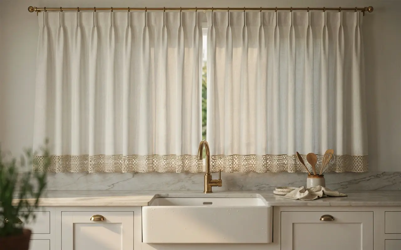 White cotton café curtain with crochet lace over a farmhouse sink and brass faucet in a vintage kitchen.