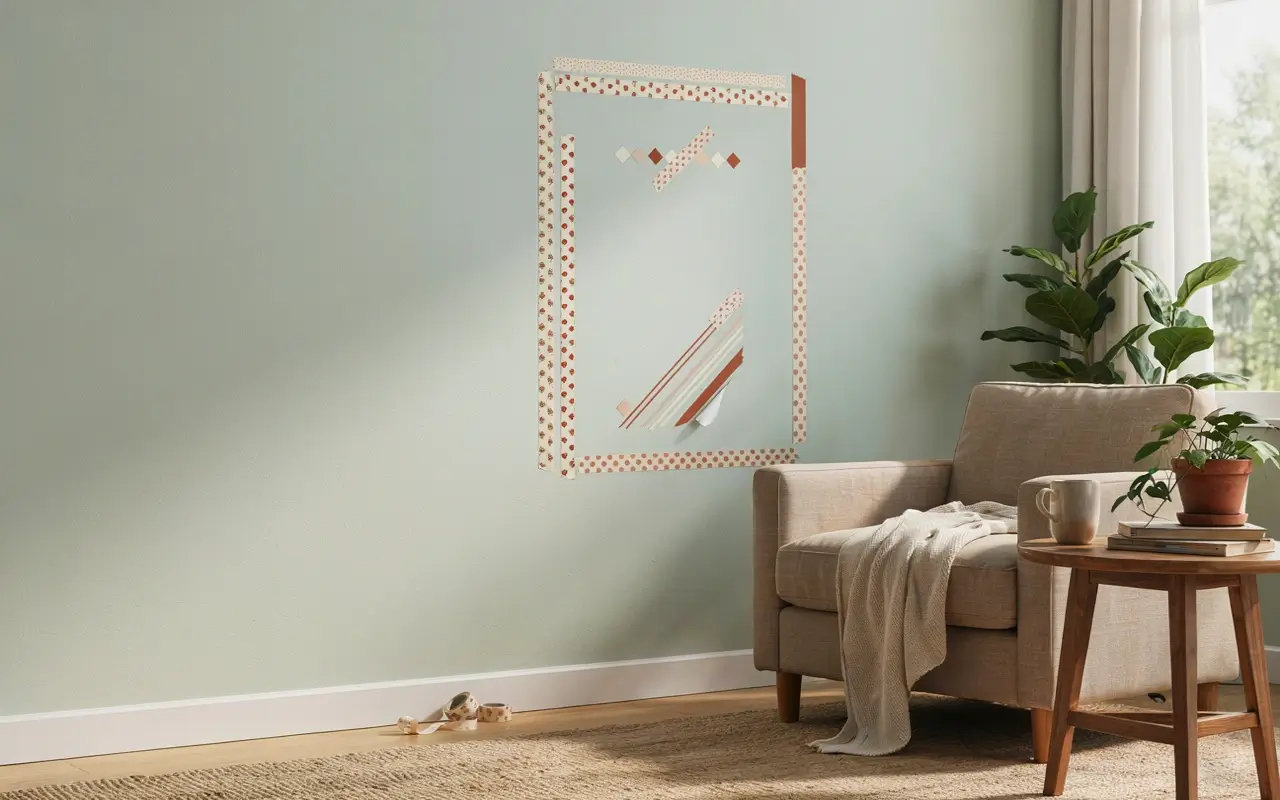 Washi tape accent wall idea in a rental living room with sage green wall, armchair, and plants.