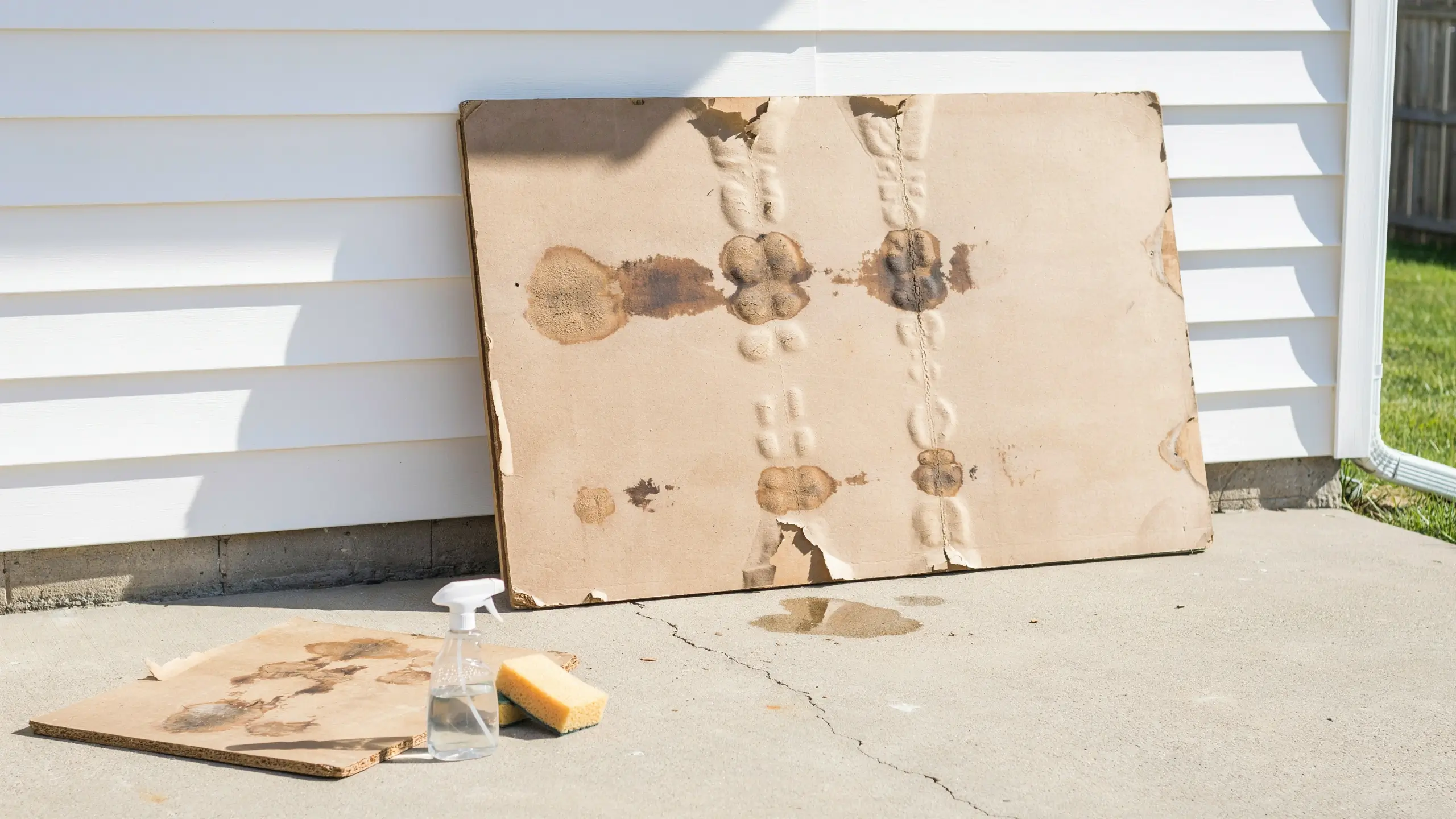 Water-damaged particle board panels leaning against white vinyl house siding on a cracked concrete patio, displayed alongside a clear spray bottle and yellow sponge for a DIY cleanup attempt. 