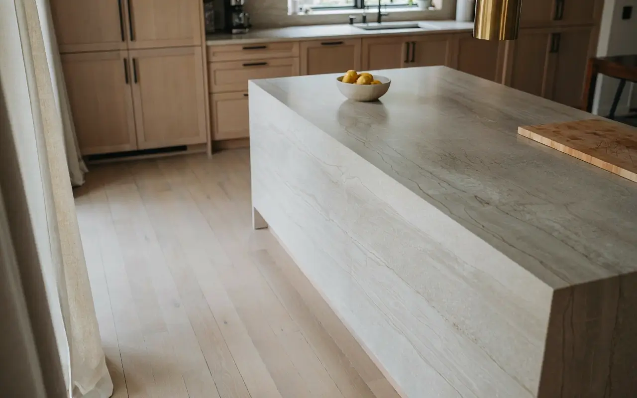 Waterfall edge kitchen island with continuous stone slab and light wood cabinets.
