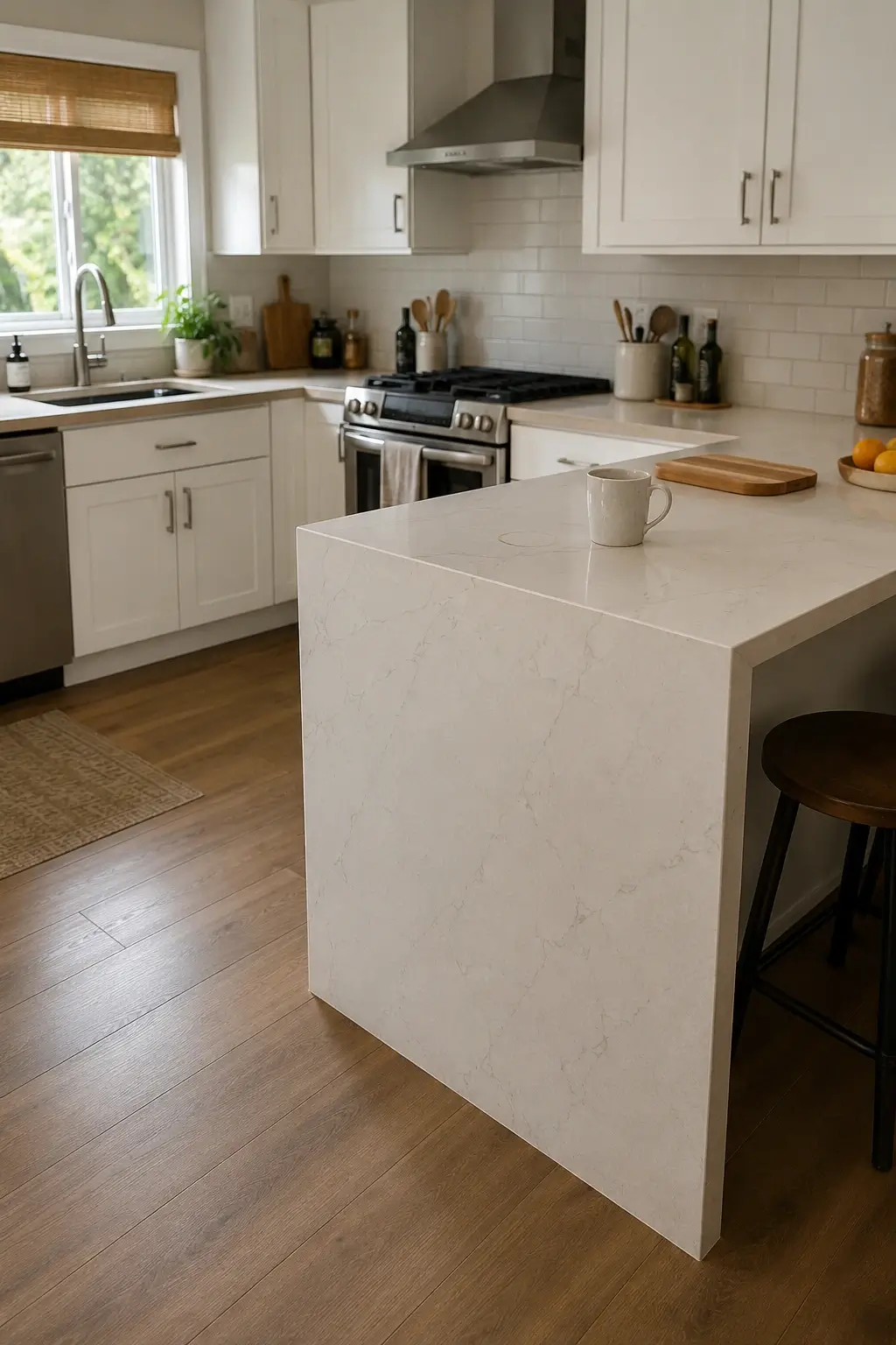 Waterfall quartz peninsula edge in a white L-shaped kitchen with built-in seating and warm wood floors.