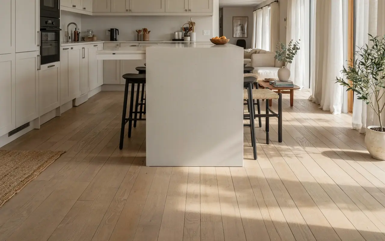 White U-shaped kitchen with a waterfall quartz peninsula edge opening toward a bright living room.