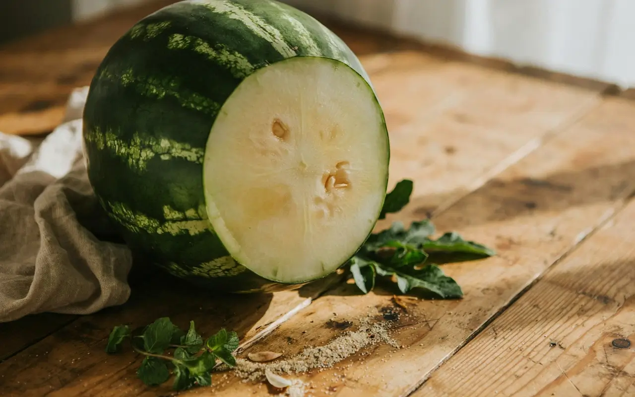 Pale watermelon cut open on a wooden table, showing why to check the field spot before choosing a ripe melon