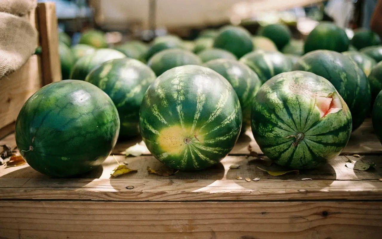 Watermelons on a market stand showing ripe, dull, and damaged fruit to avoid when choosing a good watermelon.