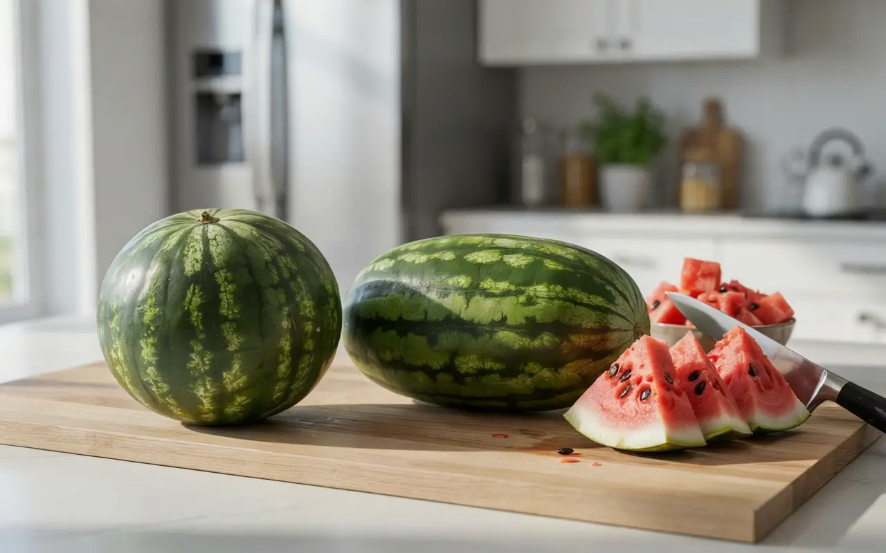 Round and oval watermelons on a kitchen board with sliced melon, showing why shape matters before buying.