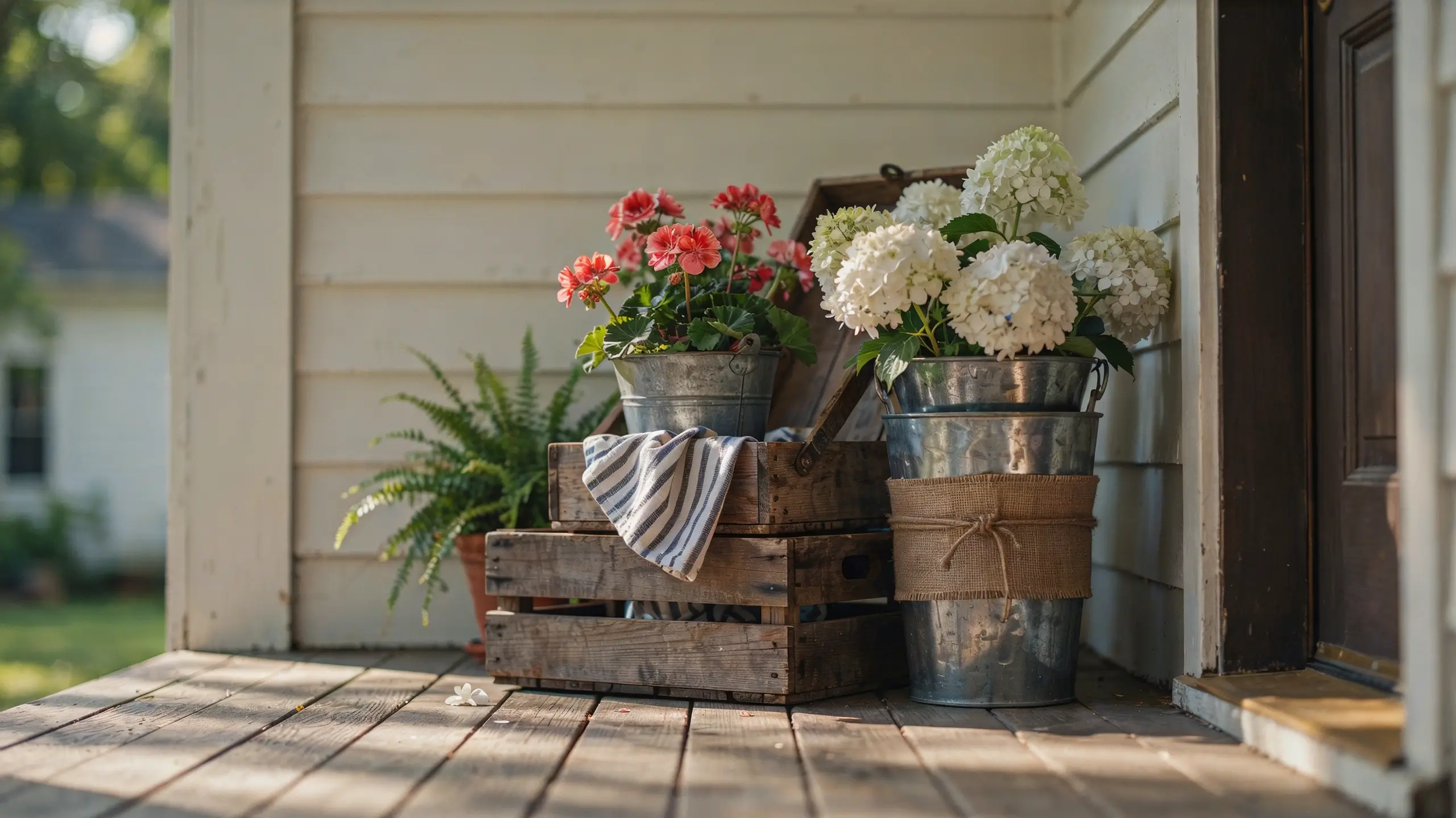 Weathered wooden crates and galvanized flower buckets stacked beside a farmhouse front door
