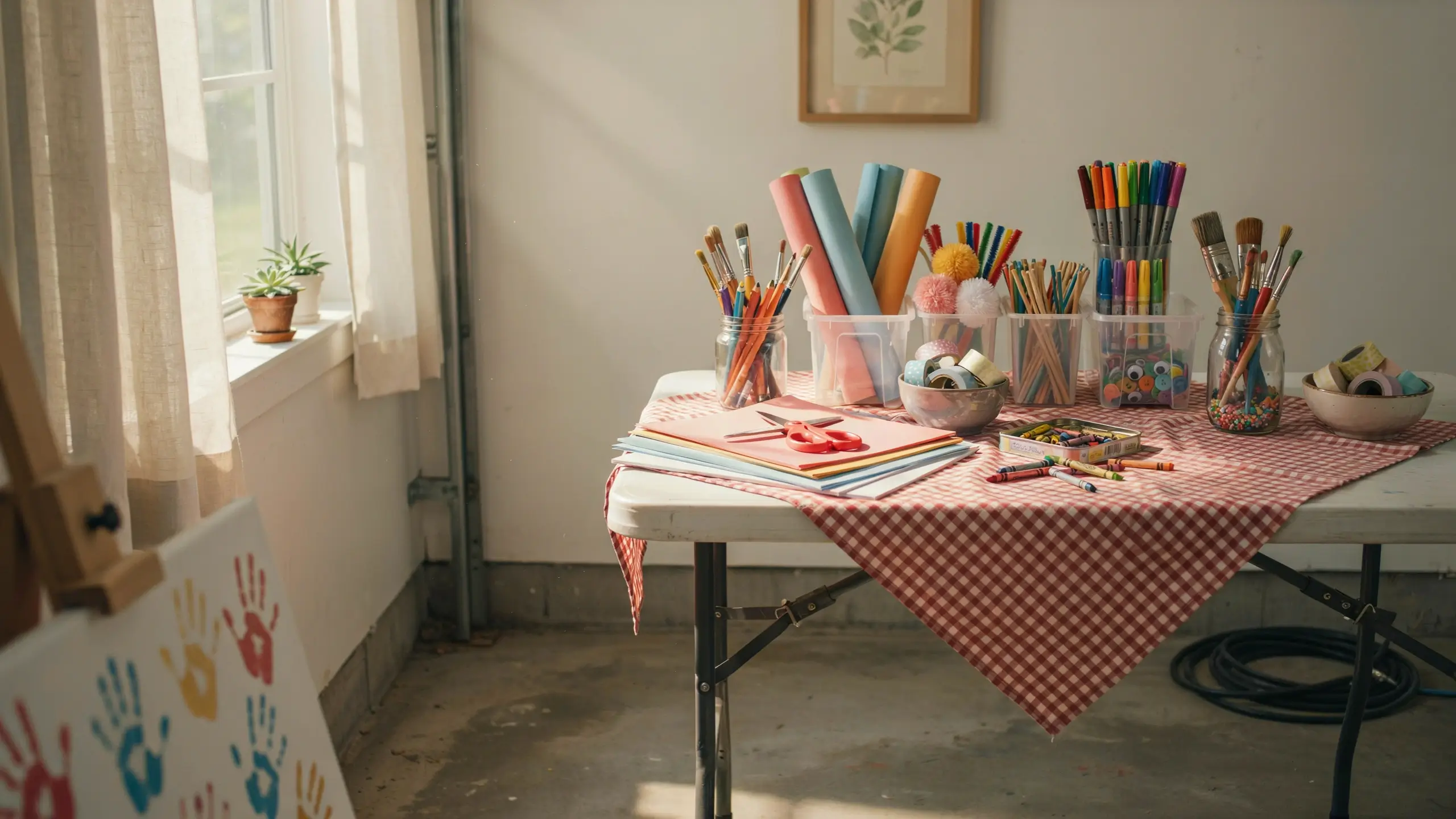 A bright indoor craft station featuring a red gingham tablecloth, organized paintbrushes, markers, scissors, paper rolls, and a handprint canvas painting on an easel.