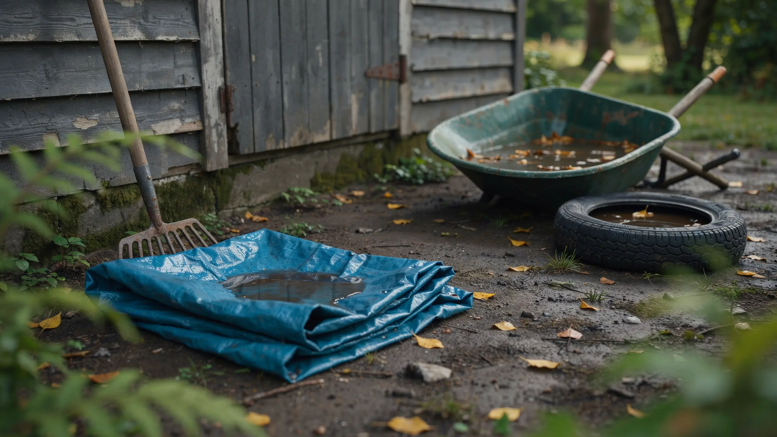 Blue folded waterproof tarp, green wheelbarrow, and old tire holding stagnant rainwater and autumn leaves during a routine backyard property audit. 