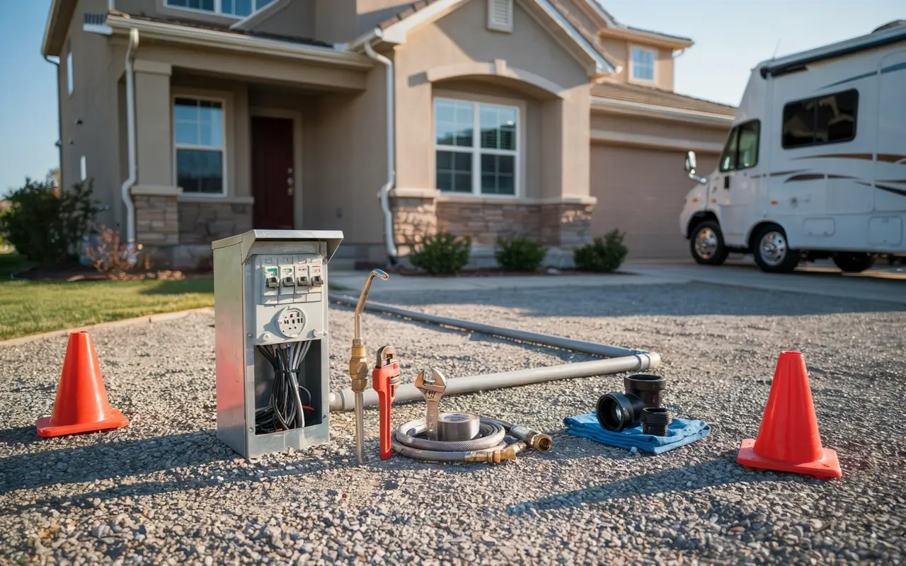 RV hookup installation tools, breaker panel, water line, and sewer parts beside a home driveway.