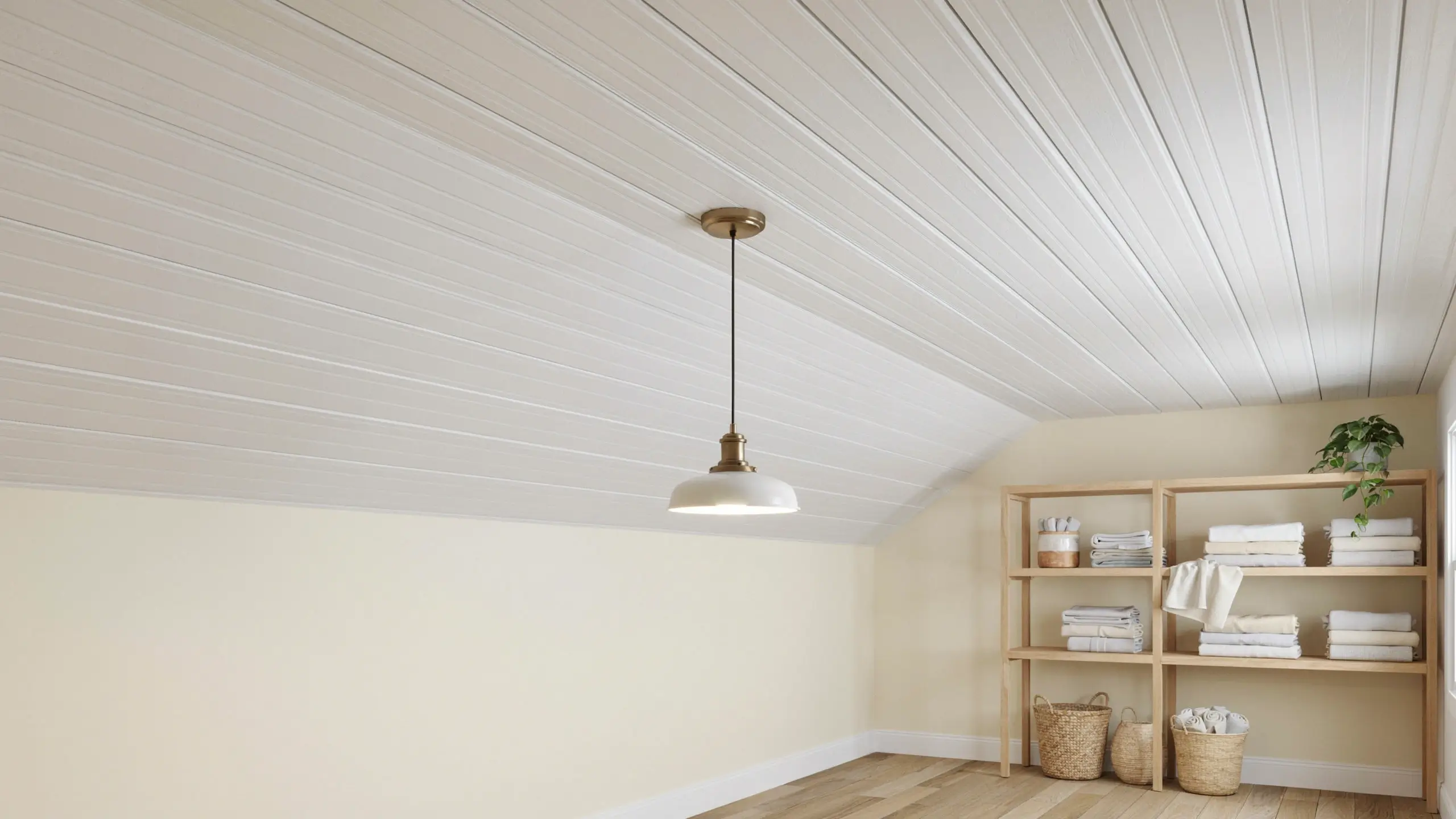 White beadboard sloped ceiling in an attic bedroom with natural wood open shelving holding neatly folded white towels and wicker baskets, illuminated by a brass pendant light