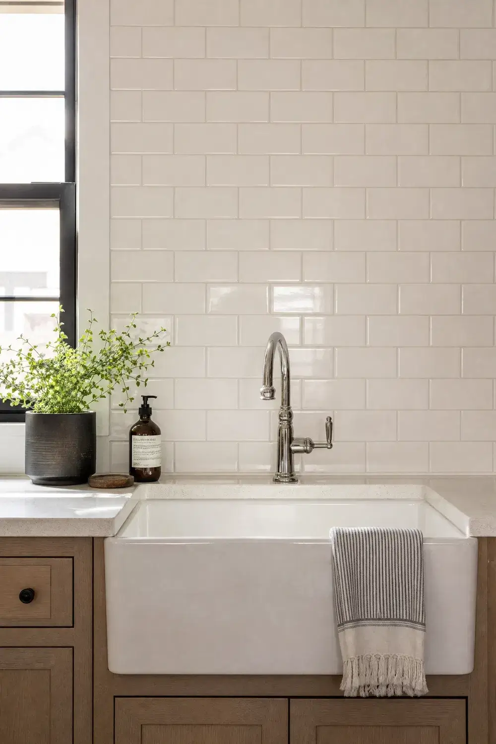 White brick-lay subway tile backsplash behind a farmhouse kitchen sink hides everyday water splashes.