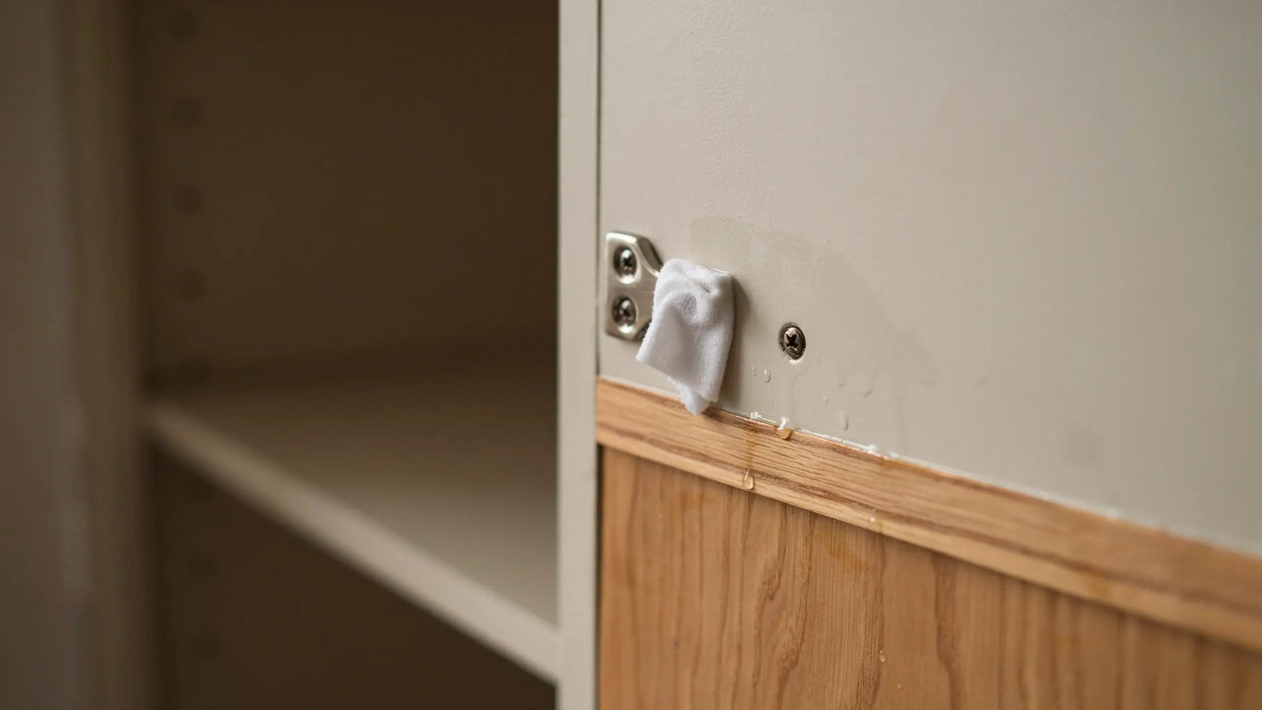 Close-up of a white painted cabinet frame and wooden trim showing a metal shelf support bracket, with a small white cloth and wet putty spots used during a surface prep and touch-up repair