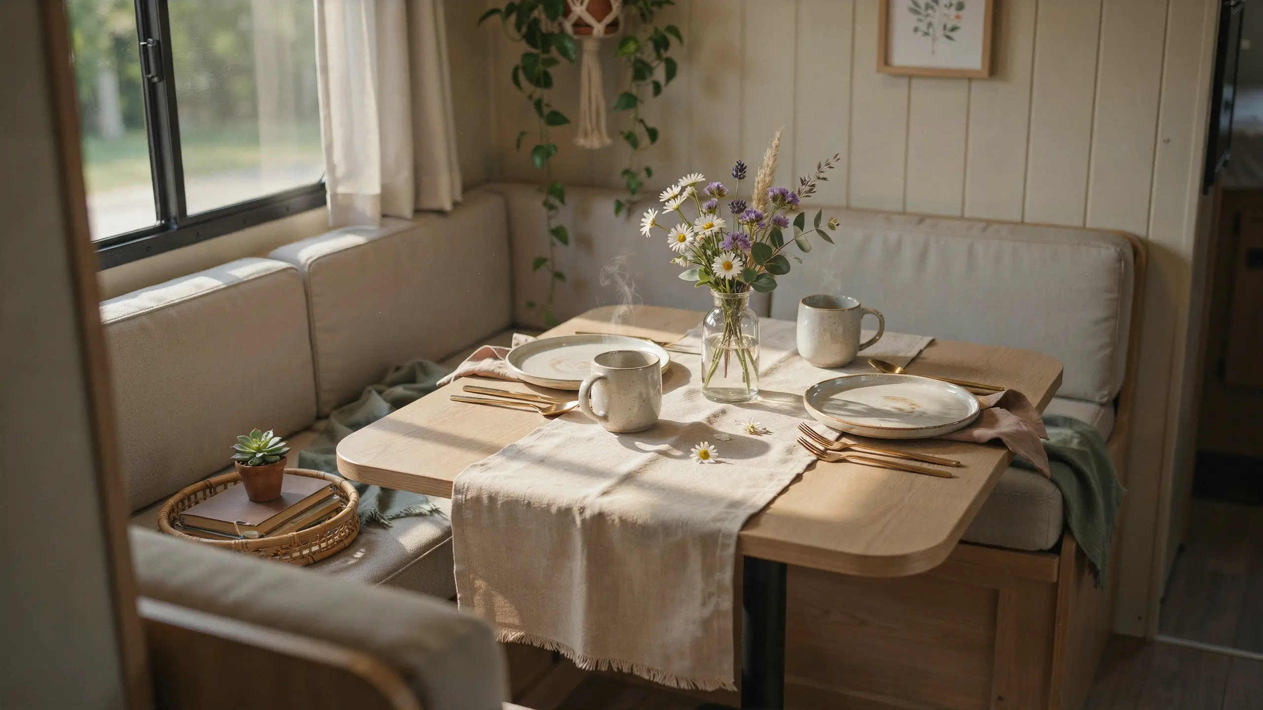 Bright, minimalist RV dining nook featuring white café curtains on the window instead of bulky blinds. The wooden drop-leaf table is set for two with speckled ceramic mugs, gold cutlery, a natural linen runner, and a glass vase filled with wildflowers, creating a cozy, sunlit interior. 
