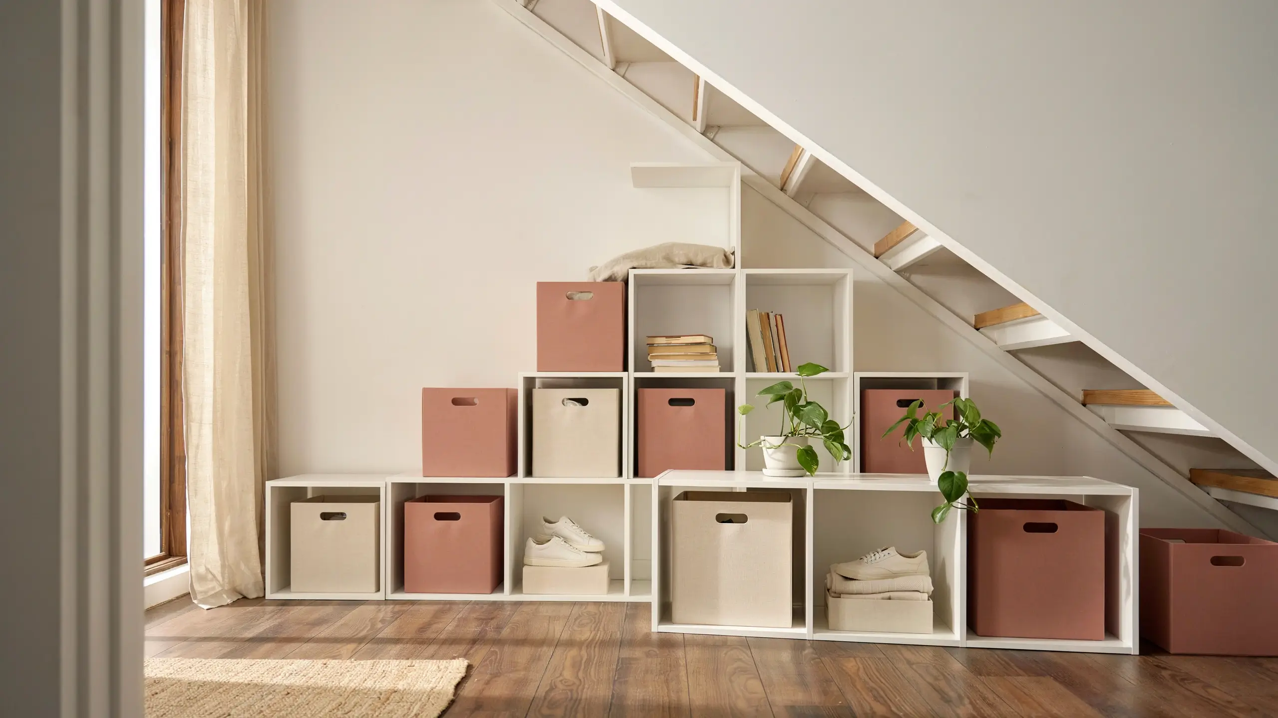 White modular cube shelving unit arranged in a stepped pattern to fit perfectly under a slanted staircase, holding rose-pink and beige fabric storage bins, stacked books, white sneakers, and a green potted plant for a tidy and modern interior. 