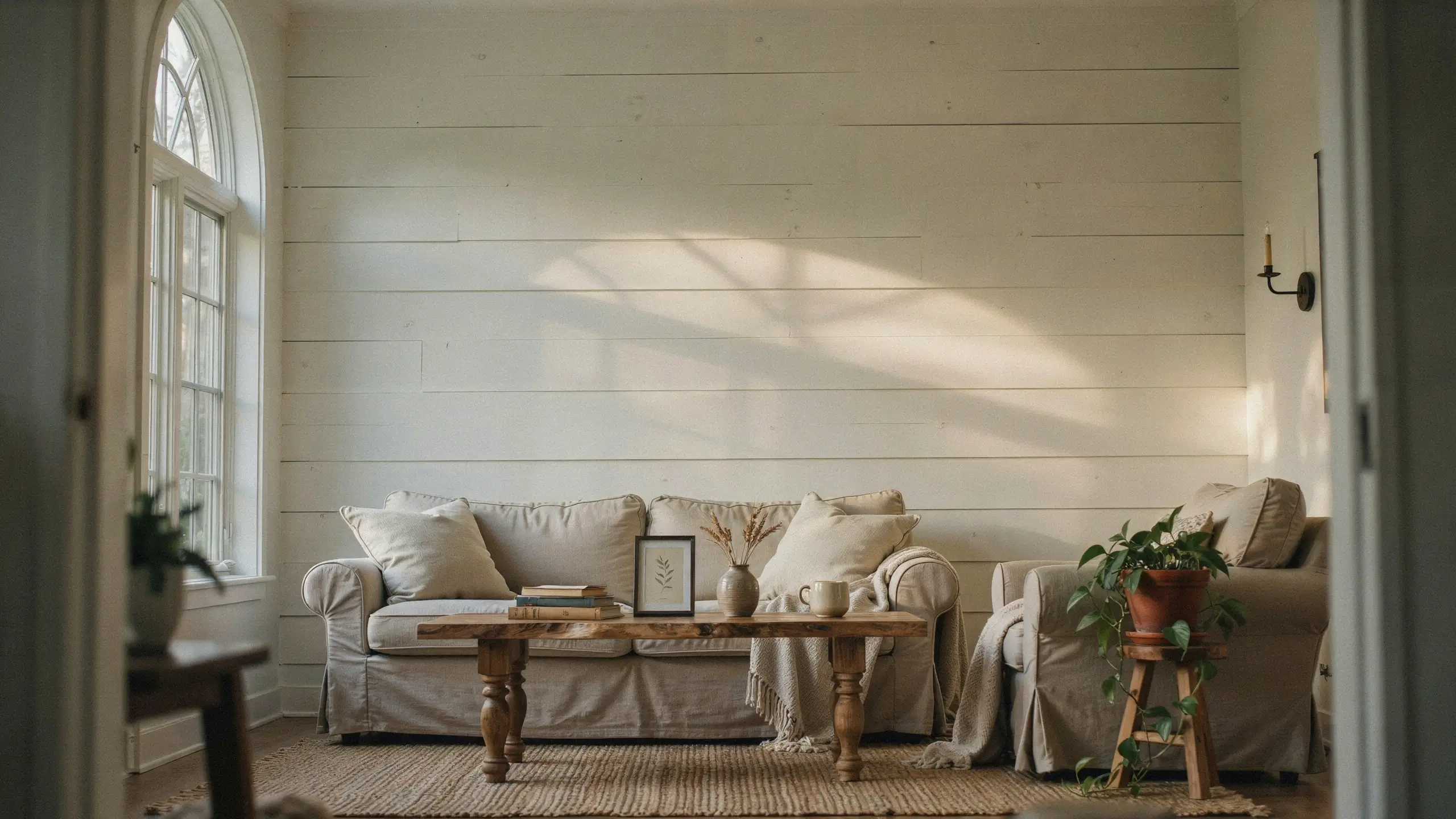 A bright, sunlit living room featuring a prominent white horizontal shiplap wall, a beige linen slipcovered sofa, a rustic wooden coffee table, and a potted houseplant. 