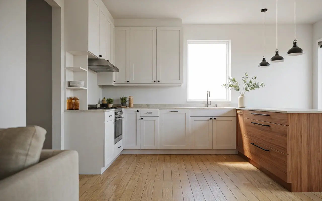 White kitchen with warm wood peninsula base, black pendant lights, and white perimeter cabinets.