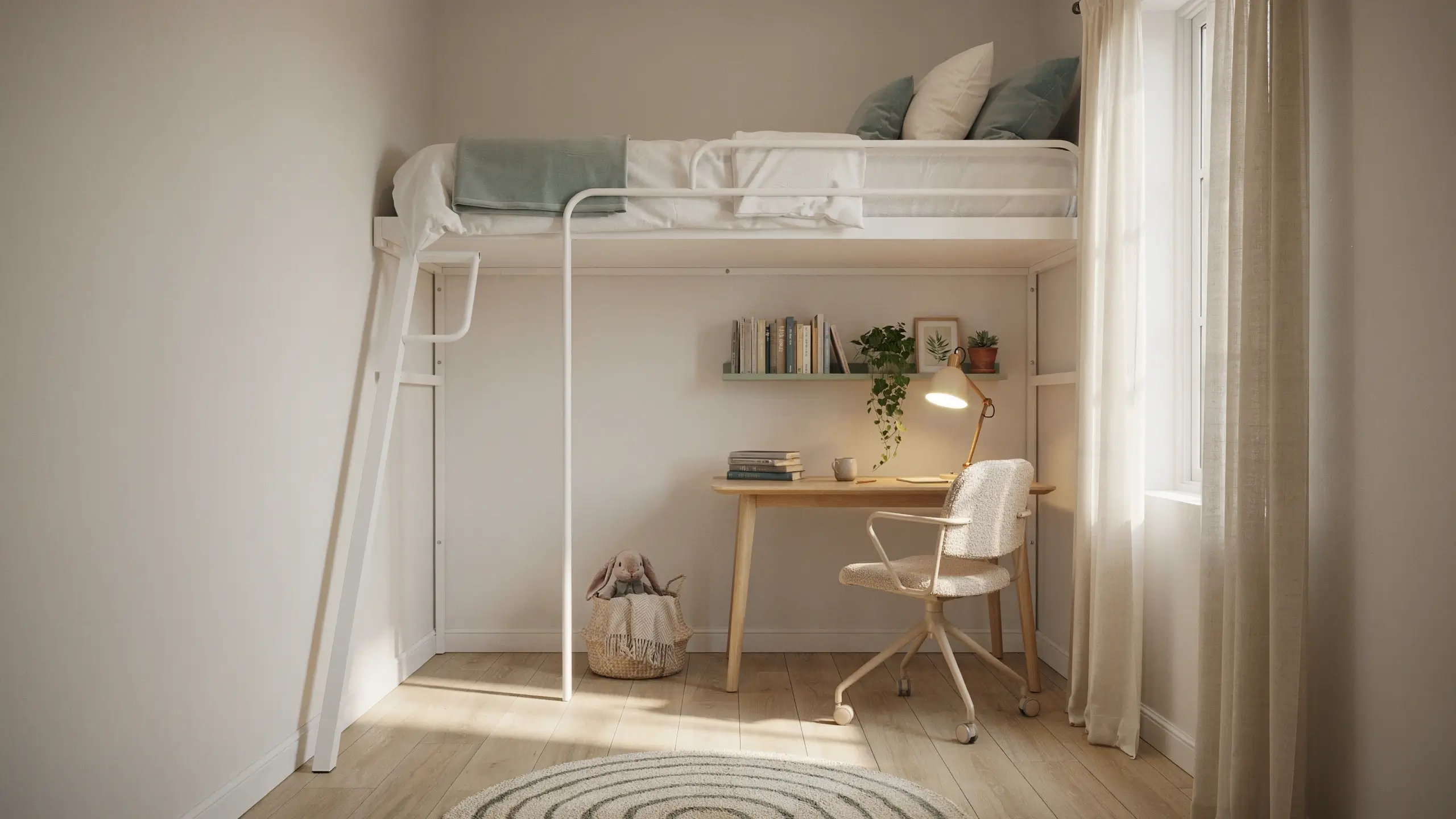 Modern white metal loft bed with a wooden desk and rolling chair underneath, creating a cozy study area in a minimalist sunlit bedroom. 