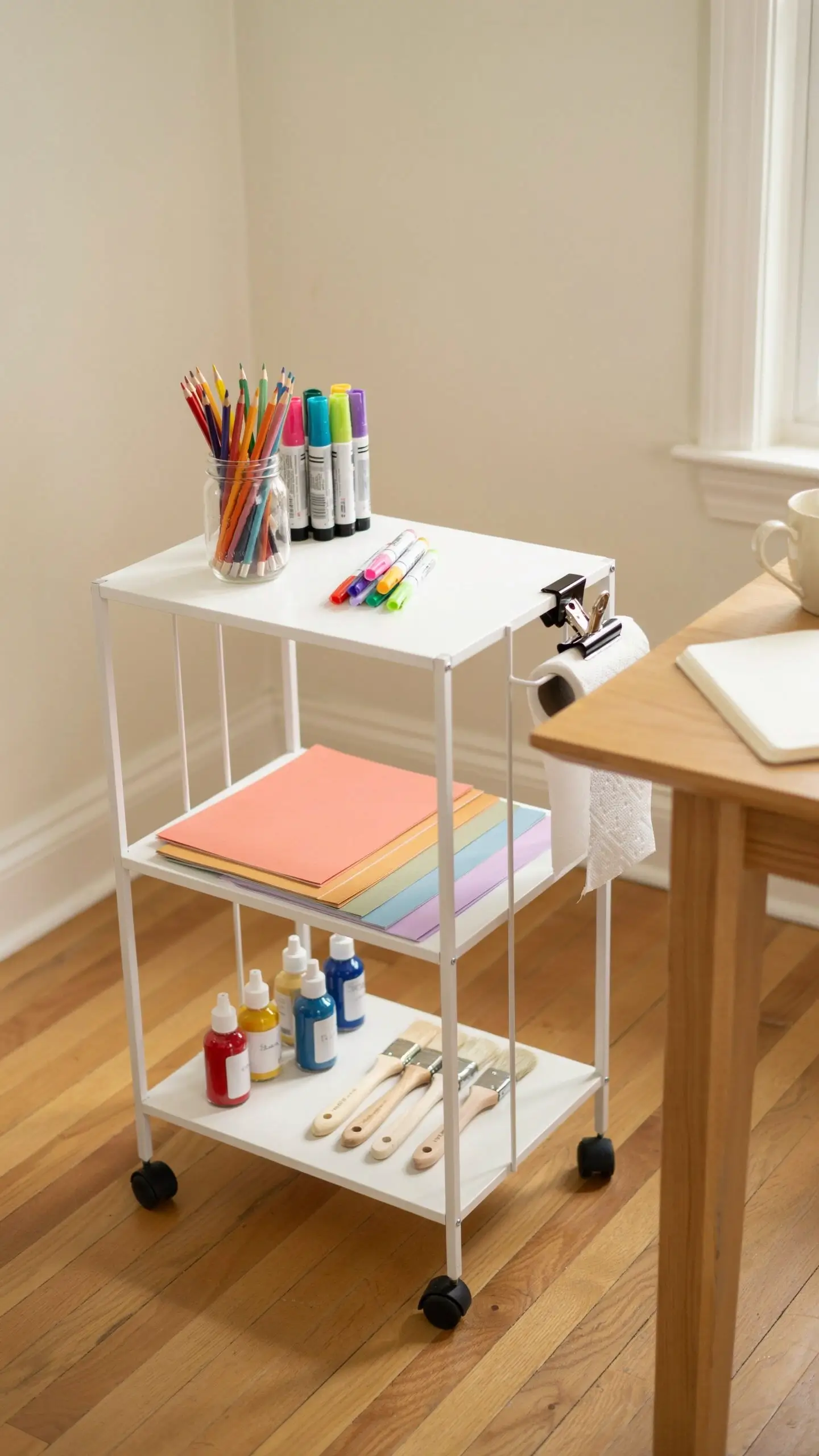 White rolling 3-tier art cart holding organized colored pencils, markers, craft paper pads, acrylic paint bottles, and wooden paintbrushes, set on a hardwood floor. 