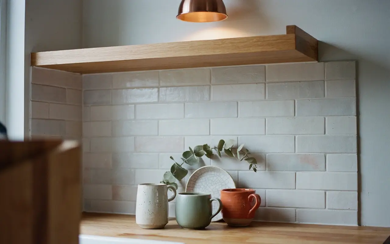 White oak floating shelf over handmade subway tile with ceramic mugs and warm pendant lighting.