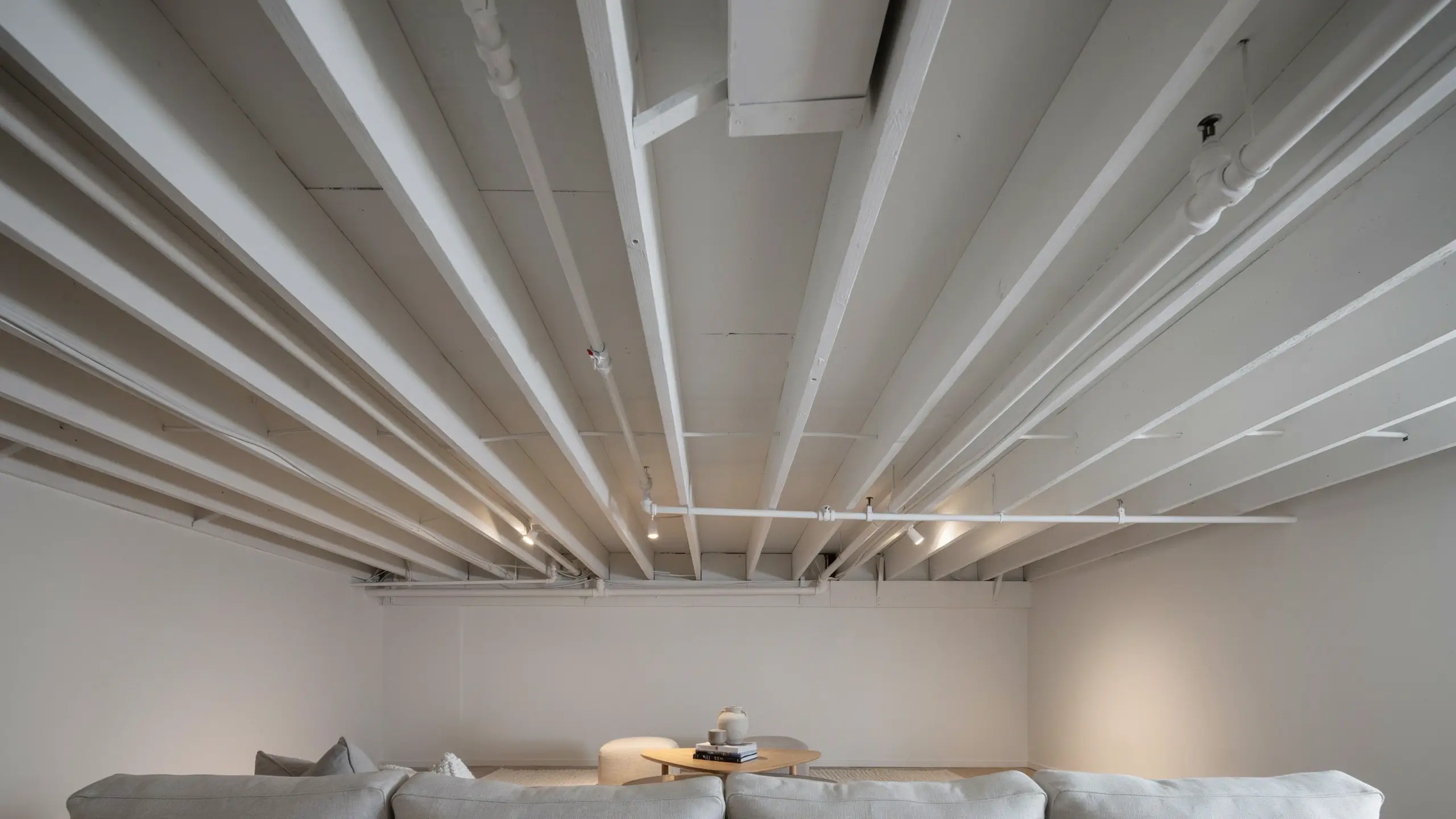 Bright, minimalist living room with white painted exposed joists, structural beams, and overhead plumbing pipes