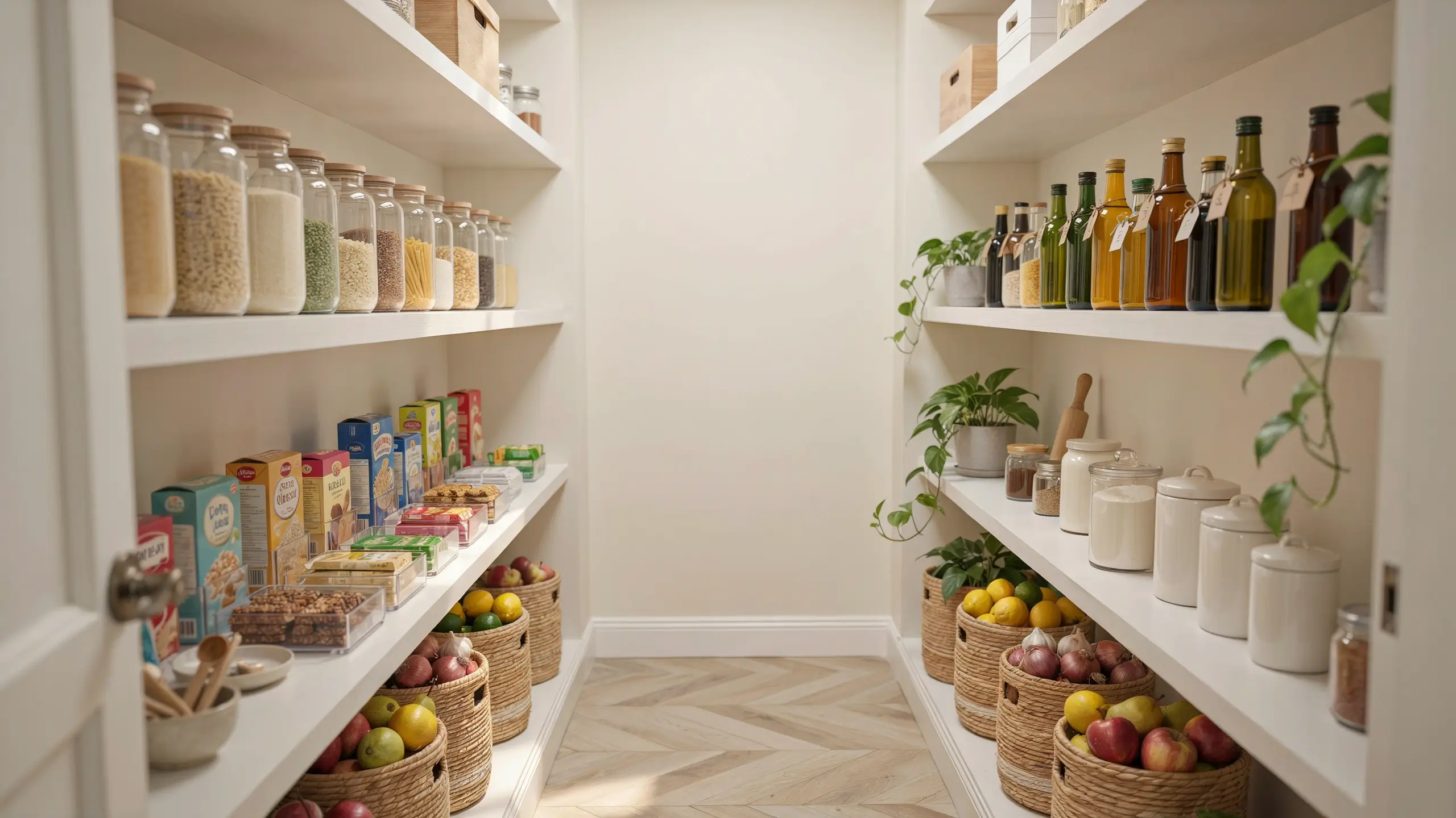 White-painted open wood shelving in a bright pantry holding glass storage jars of grains, cereal boxes, and woven baskets of fresh apples and lemons. 