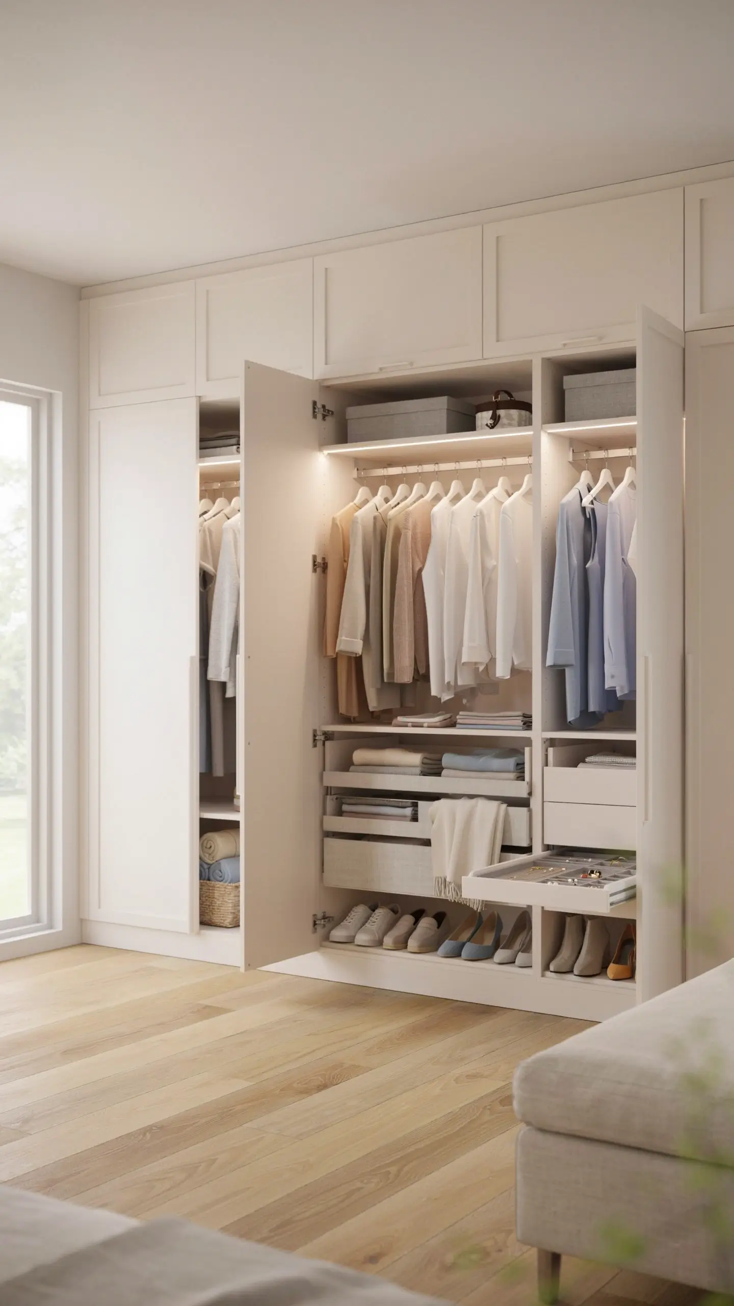 Modern white PAX wardrobe system featuring built-in LED strip lighting, a pull-out jewelry drawer, hanging clothes, and an organized shoe rack, set in a bright bedroom with light oak flooring. 