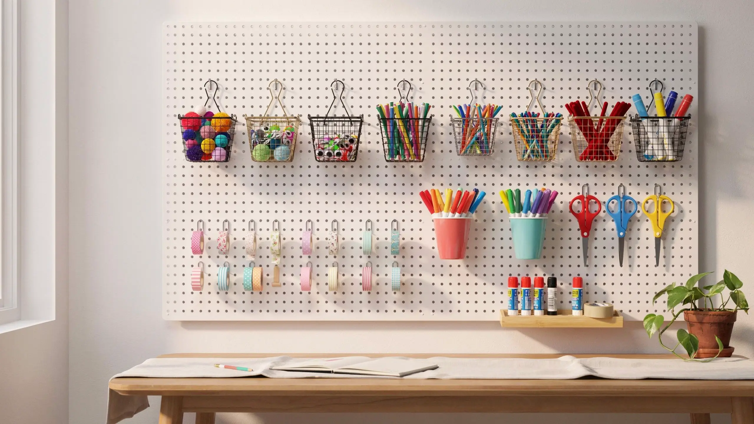 White pegboard organizer holding wire baskets with yarn, cups of colorful markers, and three scissors, mounted above a wooden desk with an open sketchbook and a potted plant in a bright craft room. 