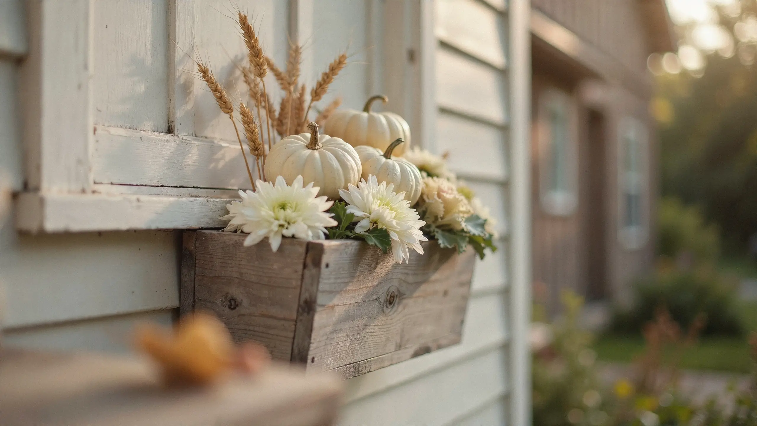 Rustic wooden window box filled with white pumpkins, dried wheat stalks, and white chrysanthemums on a white farmhouse exterior siding.