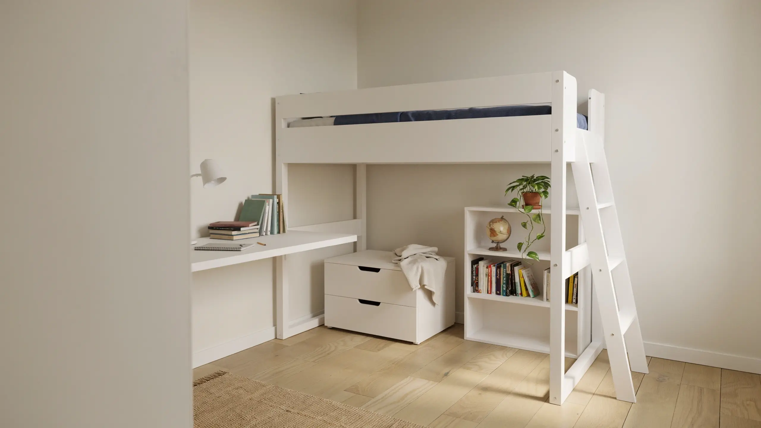 White STUVA loft bed with integrated desk, two-drawer storage chest, and bookcase for kid's room organization. 