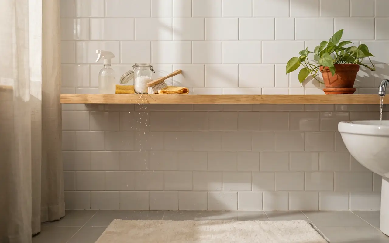 Clean white bathroom tiles with natural grout whitening supplies on a wooden shelf.