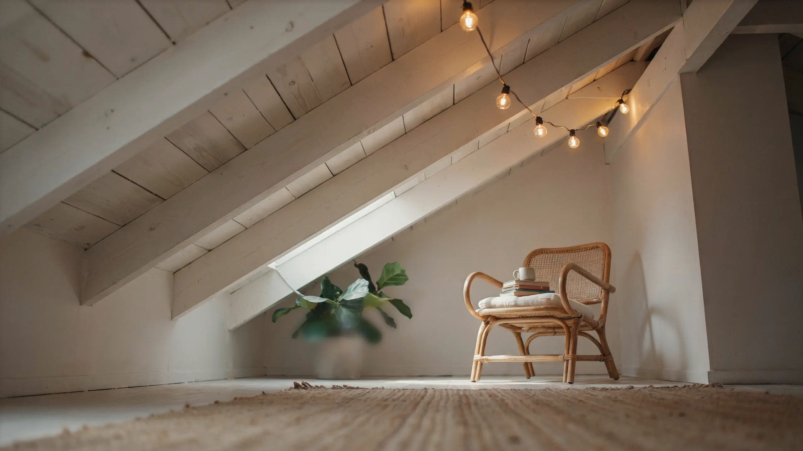 Cozy minimalist attic nook with whitewashed sloped ceiling and exposed wooden beams, featuring a rattan armchair with books and a coffee mug, warm vintage string lights, and a potted green plant by a low window