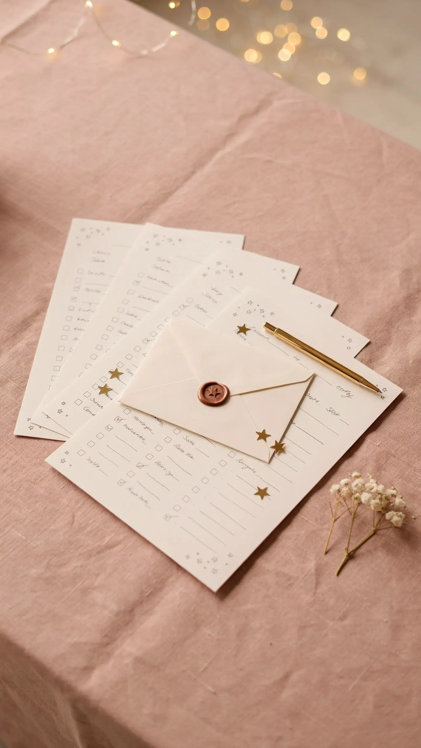 Baby shower game sheets titled "Who Knows Mommy Best" featuring a checklist, gold pen, gold star stickers, and a wax-sealed envelope on a blush pink tablecloth. 