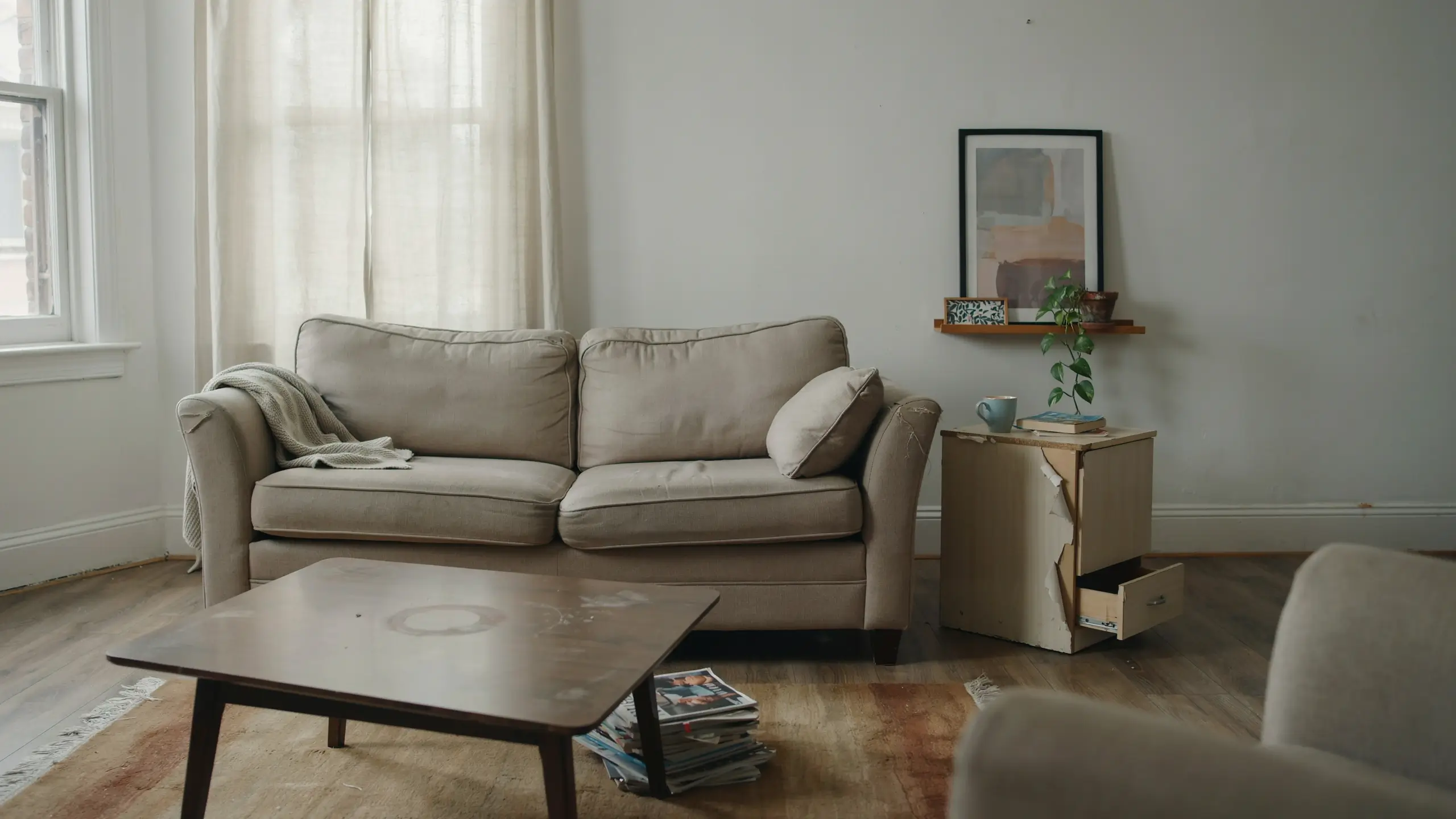 Alt Text: Worn beige sofa beside a damaged side table, showing the drawbacks of buying cheap furniture.