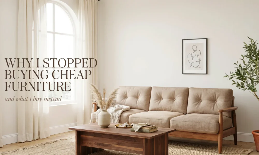 Sunlit living room with a wood-frame sofa and text reading “Why I Stopped Buying Cheap Furniture.”