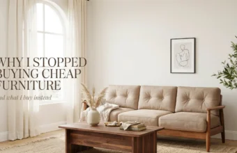 Sunlit living room with a wood-frame sofa and text reading “Why I Stopped Buying Cheap Furniture.”