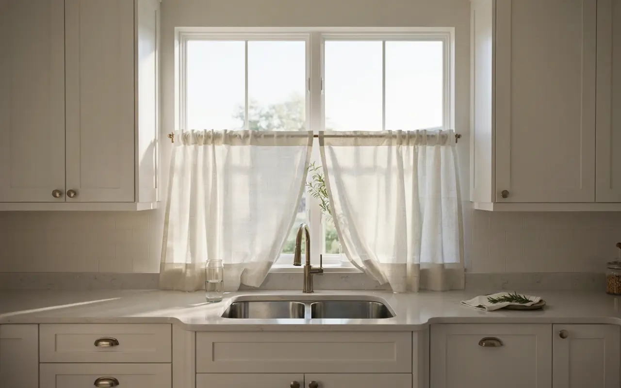 Two tied-back white café curtains on a wide kitchen sink window above a double sink.