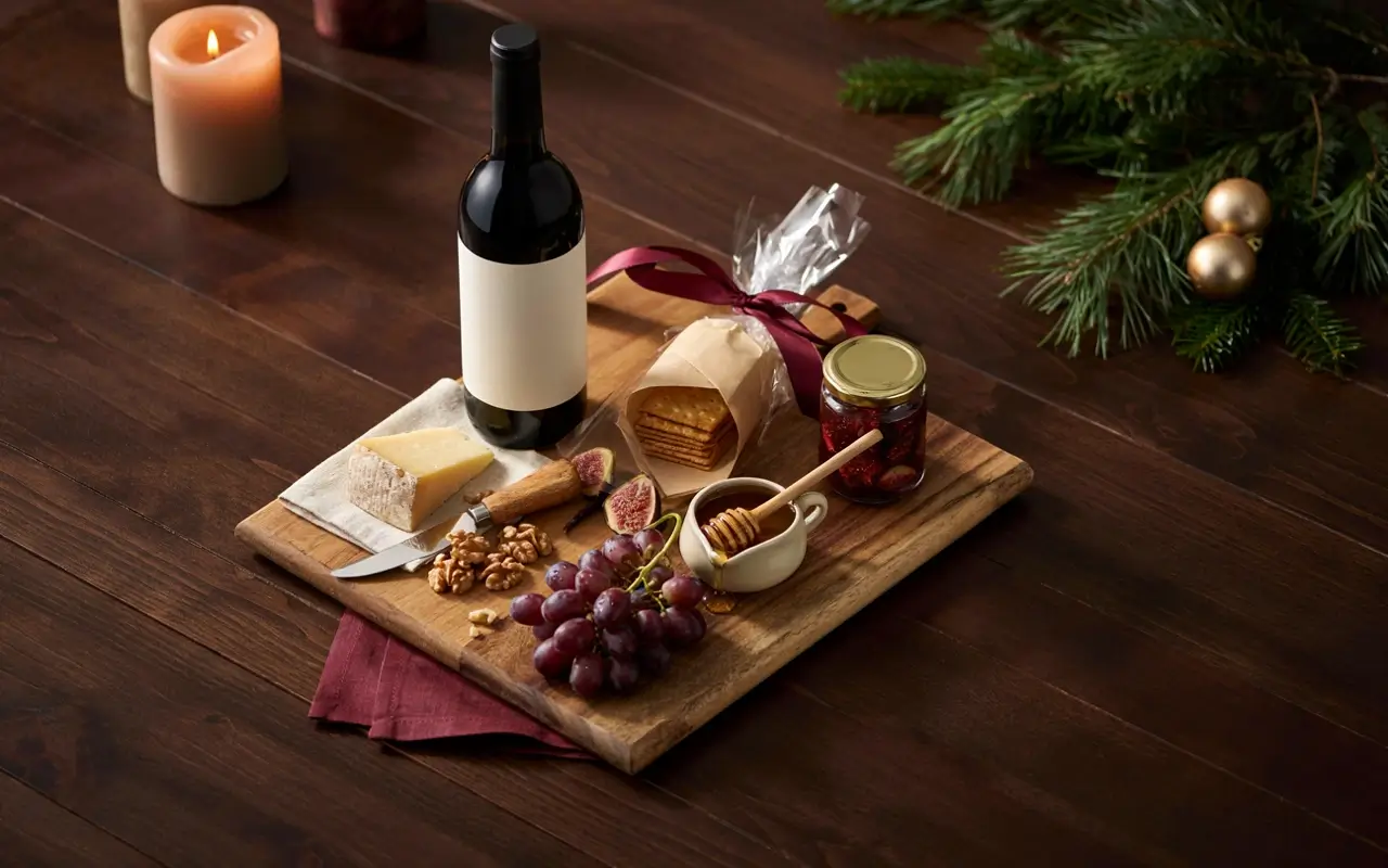 Wine and cheese Christmas gift basket arranged for holiday gifting.